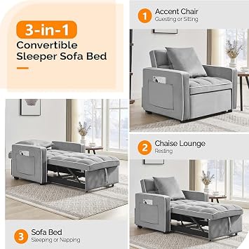 3 in 1 Sleeper Sofa Chair Bed, Velvet Convertible Single Sleeper Futon with Adjustable Backrest&Storage Pockets&Pillow, Pull Out Couch Bed Single Recliner for Living Room Bedroom Small Spaces (Grey)