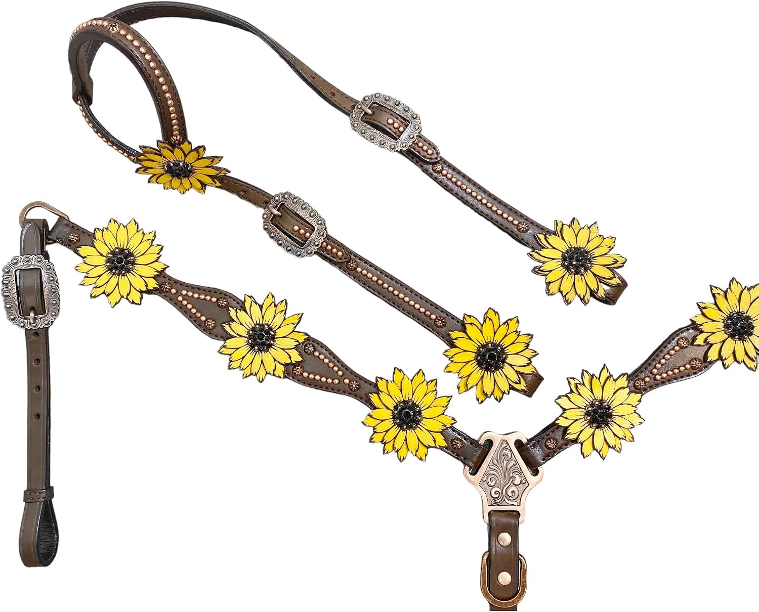 Western Headstall tack Set Decorated with Copper Studs and Hand-Painted Laser Cut and Engraved Sunflower with Black Rhinestones Conchos in The Center