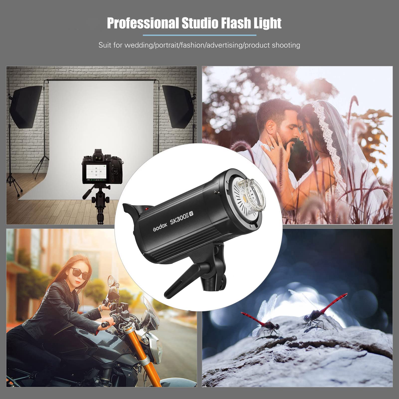Godox SK300II-V Studio Flash Light 300Ws Potenza GN58 5600±200K Luce stroboscopica integrata Sistema X wireless 2.4G con lampada di modellazione a LED per ritratto di nozze Moda pubblicità fotografia