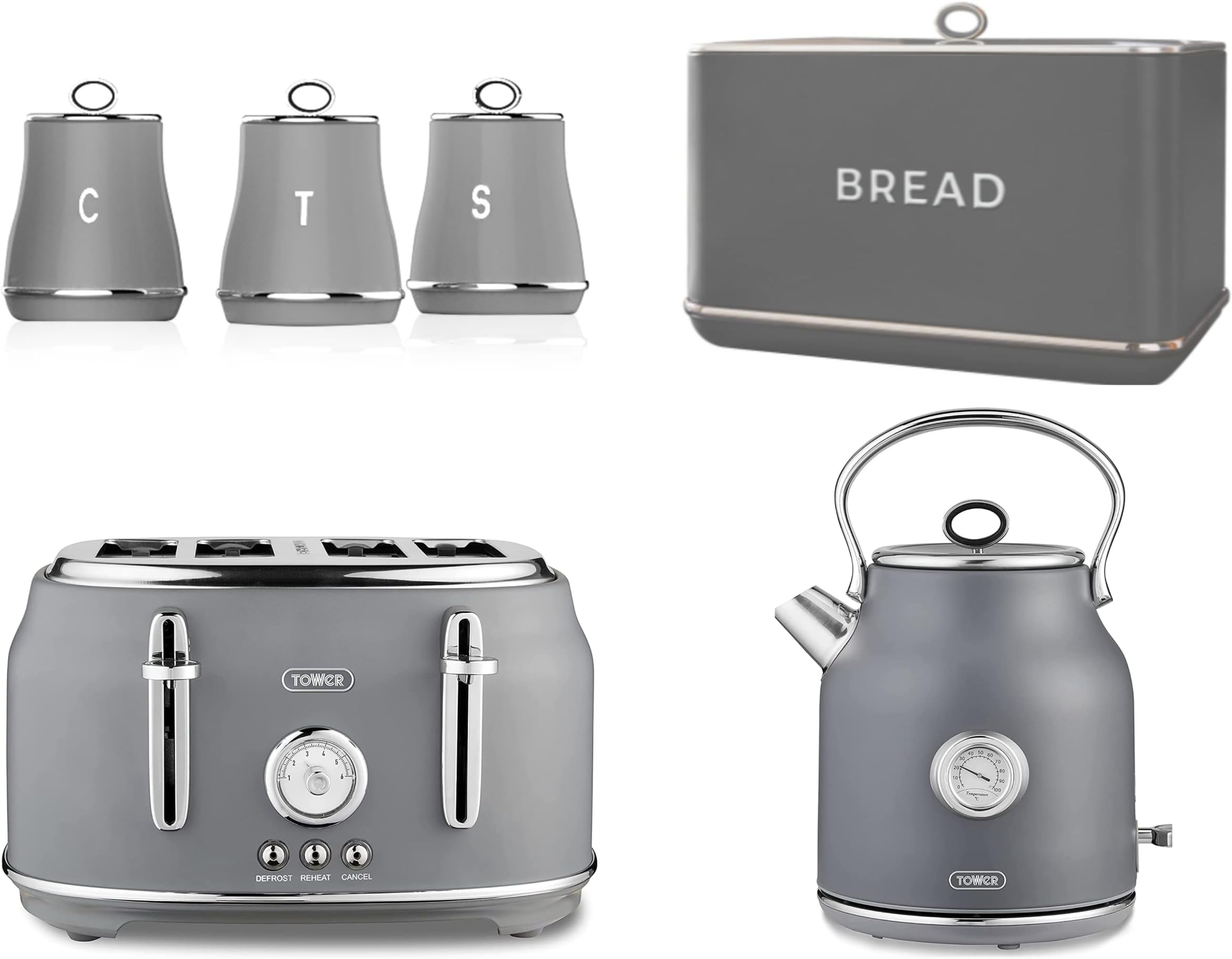 Tower Renaissance Kettle, 4 Slice Toaster, Bread Bin & Canisters
