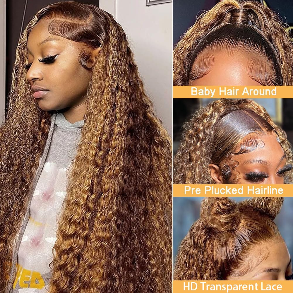 Tylokra 28inch Highlight Ombre Lace Front Wig Human Hair 13x6 HD Honey Blonde 4/27 Deep Wave Lace Frontal Wigs Glueless Wigs Human Hair Product Image 2