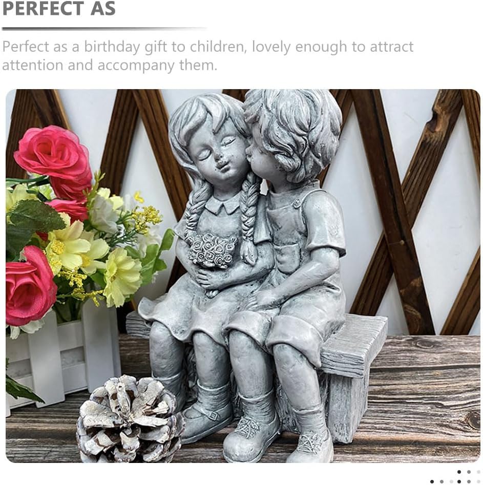 Boy Kissing Girl Statue Sitting on Bench Figurine, Puppy Love Kissing Couple Durable Home Ornament for Lover Birthday Present Art Collection Outdoor Lawn Yard Patio