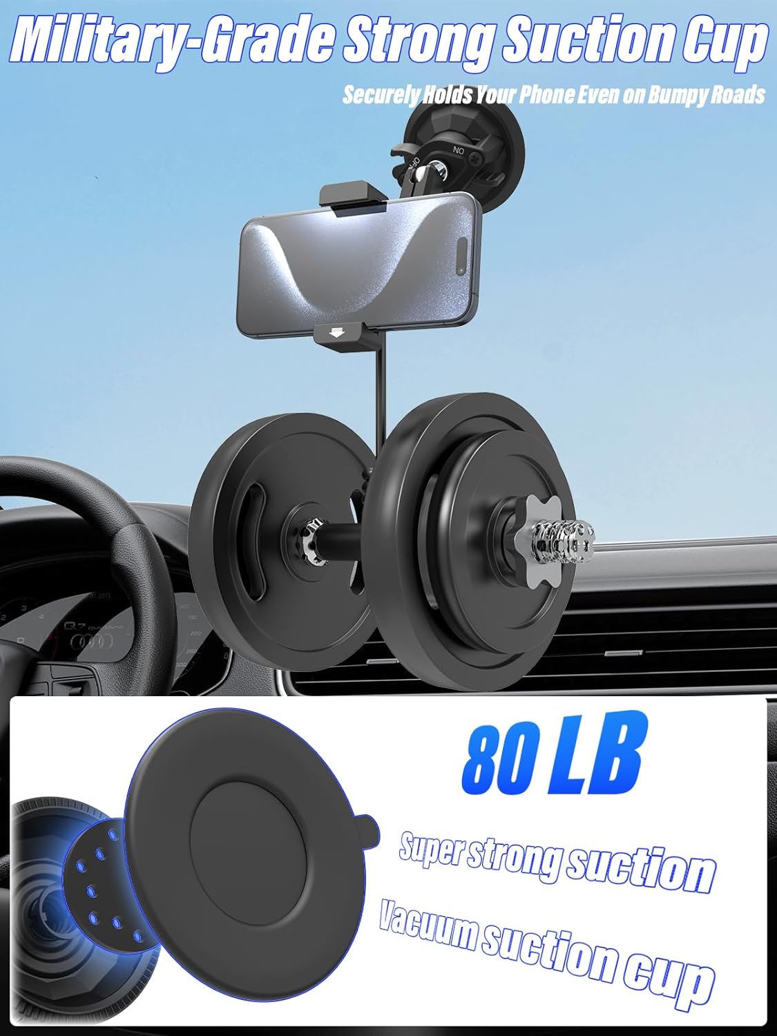 Metal Arm Car Phone Holder, [Upgraded] Strong Suction Cup Phone Mount for Car Windshield Dashboard Window, Heat Resistant Cell Phone Holder for iPhone17 16 15 Pro Max, Galaxy, 4-7" All Phones