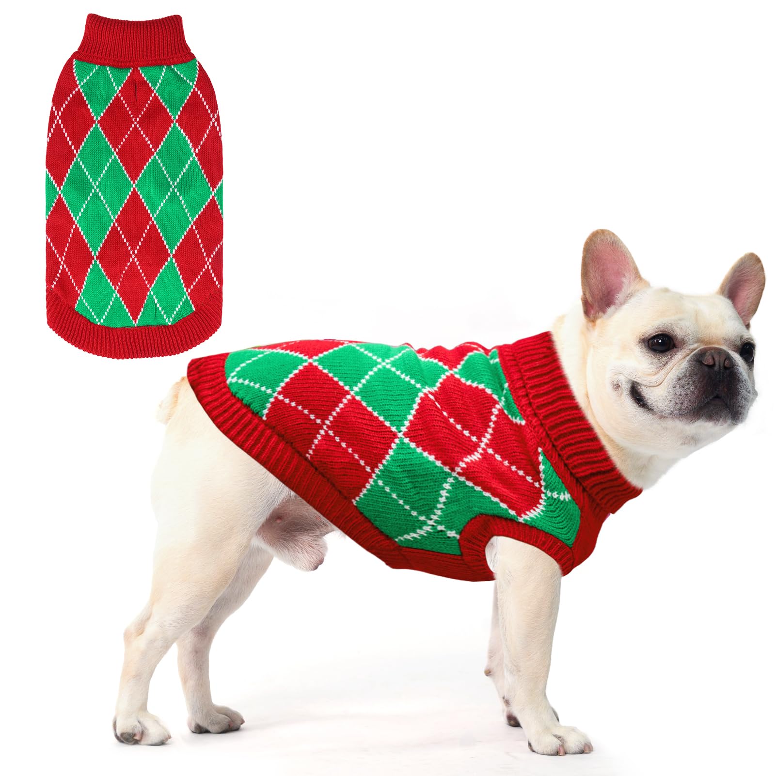 KOOLTAIL Dog Christmas Sweater, Knit Turtleneck Cold Weather Dog Sweaters for Small Medium Large Dogs, Red and Green Plaid Pullover Knitwear Dog