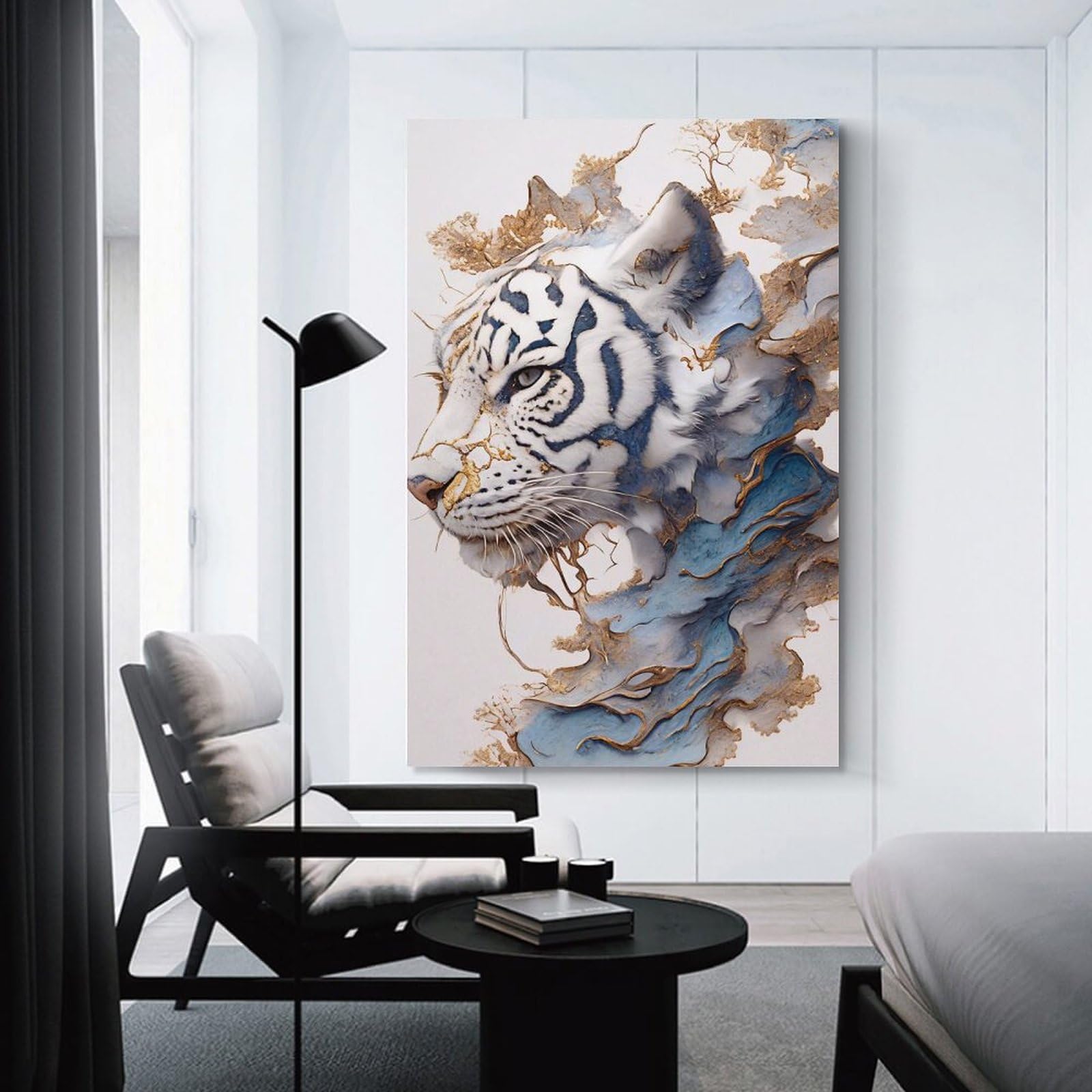 Junmoney Room Decor Wall Art Abstract White Tiger Portrait, 16x24inch(40x60cm), for Workspace Walls, Study Corners Or Bedrooms, A Smart Decor Choice for Study Walls