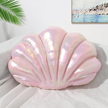 Marble Empire Seashell Pillow - Holographic Iridescent Foil Fabric Throw Pillow for Couch, Coastal Beach Theme Decor, Ocean Themed Bedroom Living Room Accent PillowPink,1813