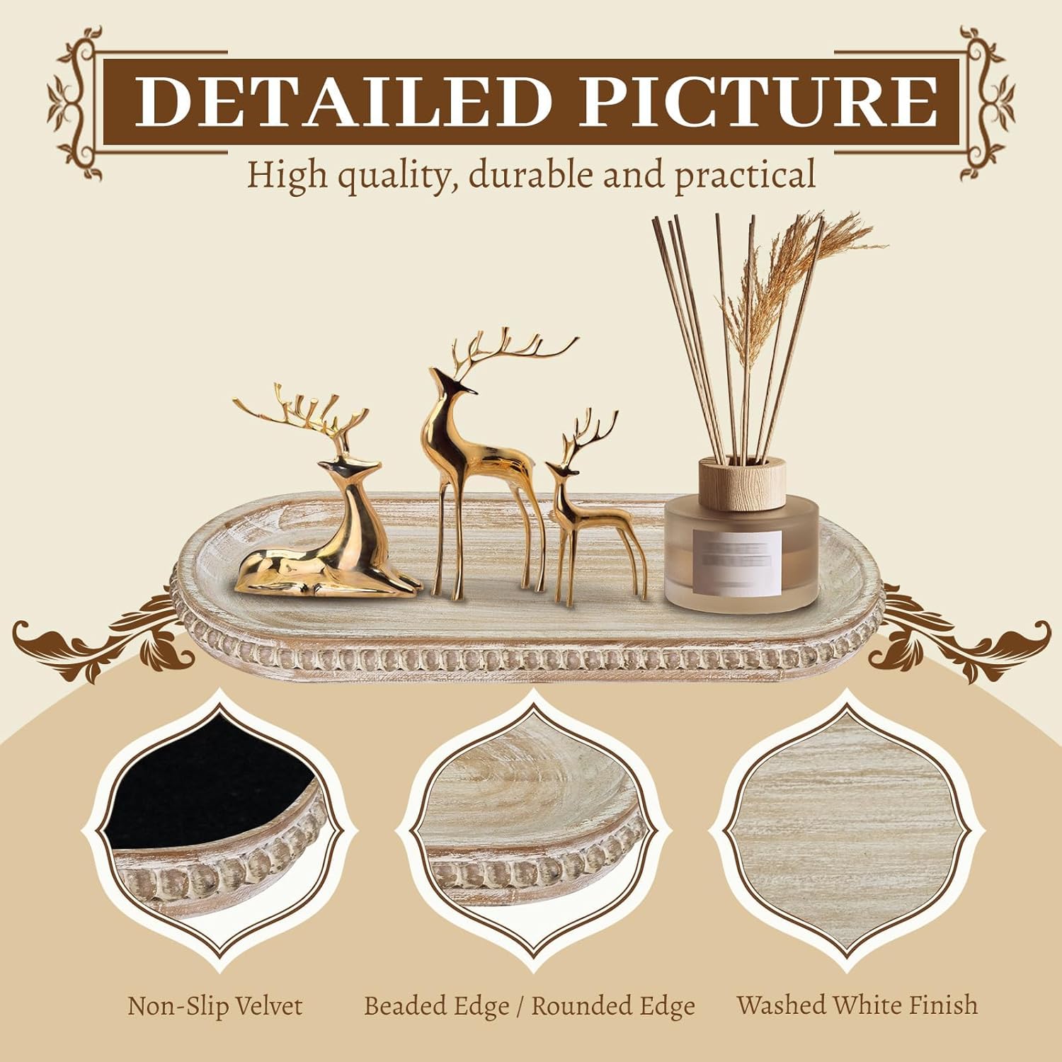 MAONAME Oval Long Narrow Wood Tray, Rustic Decorative Tray with Beaded, Wash White Farmhouse Vanity Trays, Toilet Tank Trays for Dresser, 12" x 4.7" - Image 3