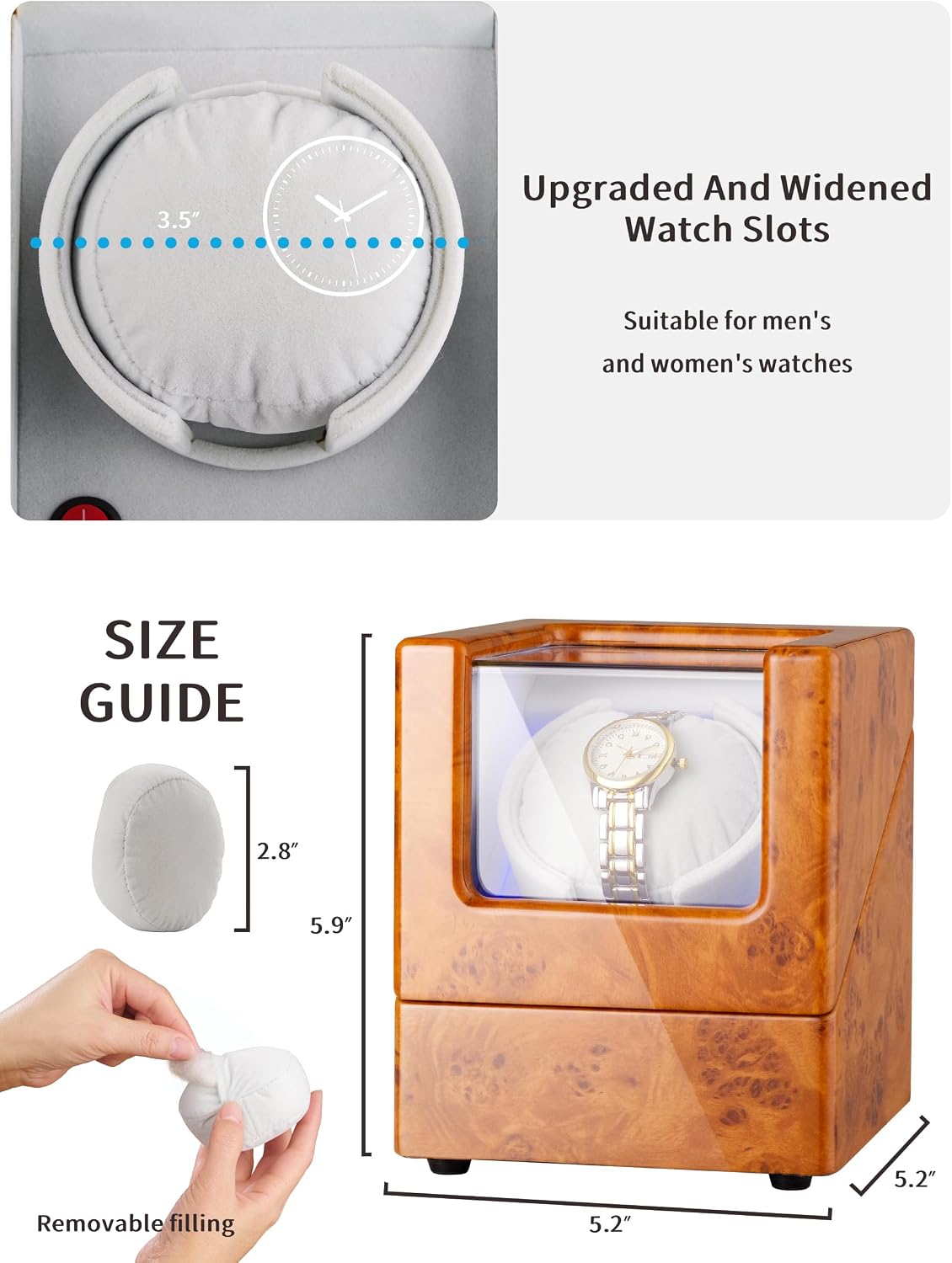 Watch Winder for Automatic Watches with Quiet Motor, Single Watch Winder Box with LED Light, Soft and Velvet Watch Pillow, High-End Piano Lacquer Appearance