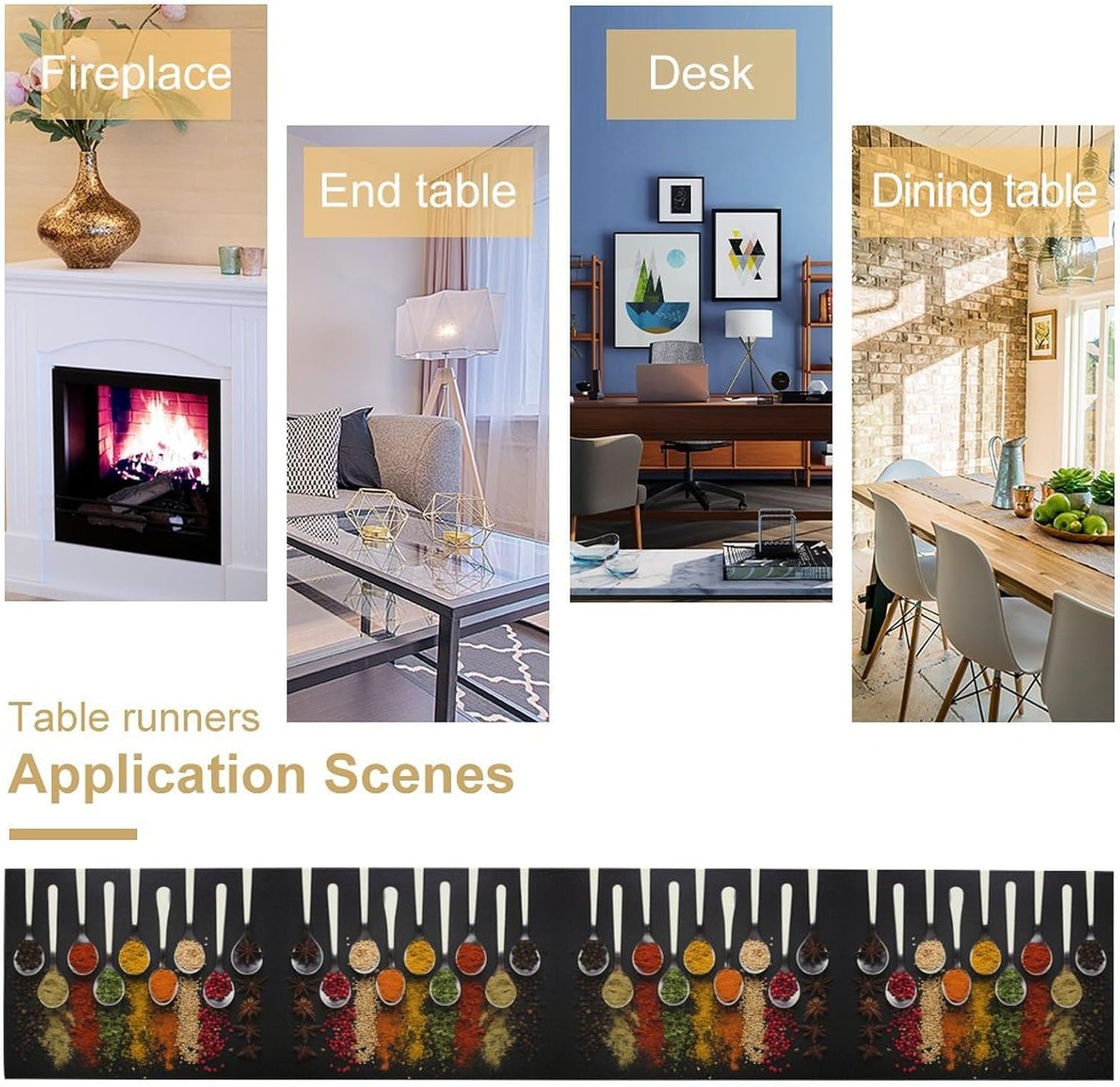 Fun Spoon Spices Table Runner,Kitchen Tableware Black Cooking Seasoning Food Herbs Dining Table Decoration for Farmhouse Home Holiday Party Dresser Cabin Restaurant Wedding Decor 13×120in