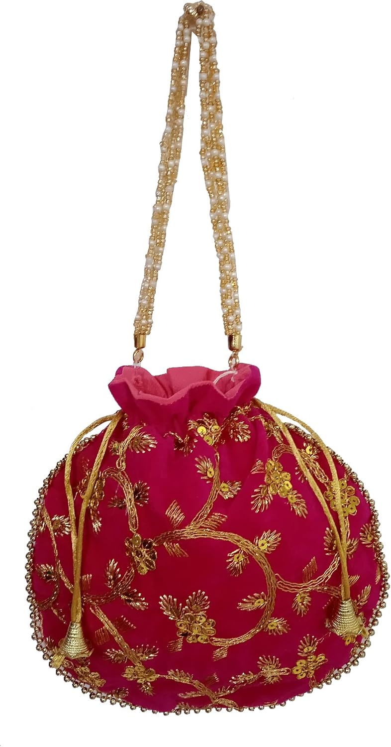 Purpledip Chenille Potli Bag (Clutch, Drawstring Purse): Intricate Gold Thread & Sequin Embroidery Satchel For Women, Fushcia Pink (12603A)