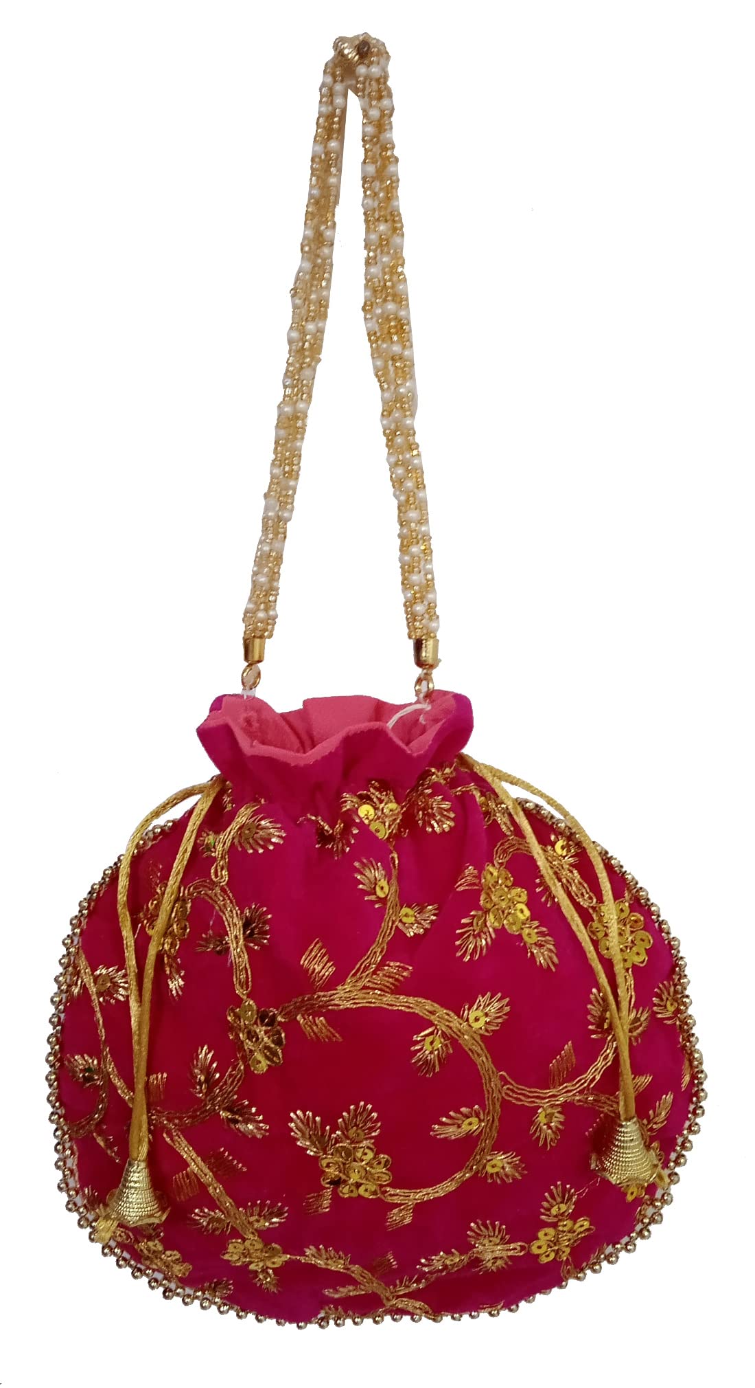 Purpledip Chenille Potli Bag (Clutch, Drawstring Purse): Intricate Gold Thread & Sequin Embroidery Satchel For Women, Fushcia Pink (12603A) 1