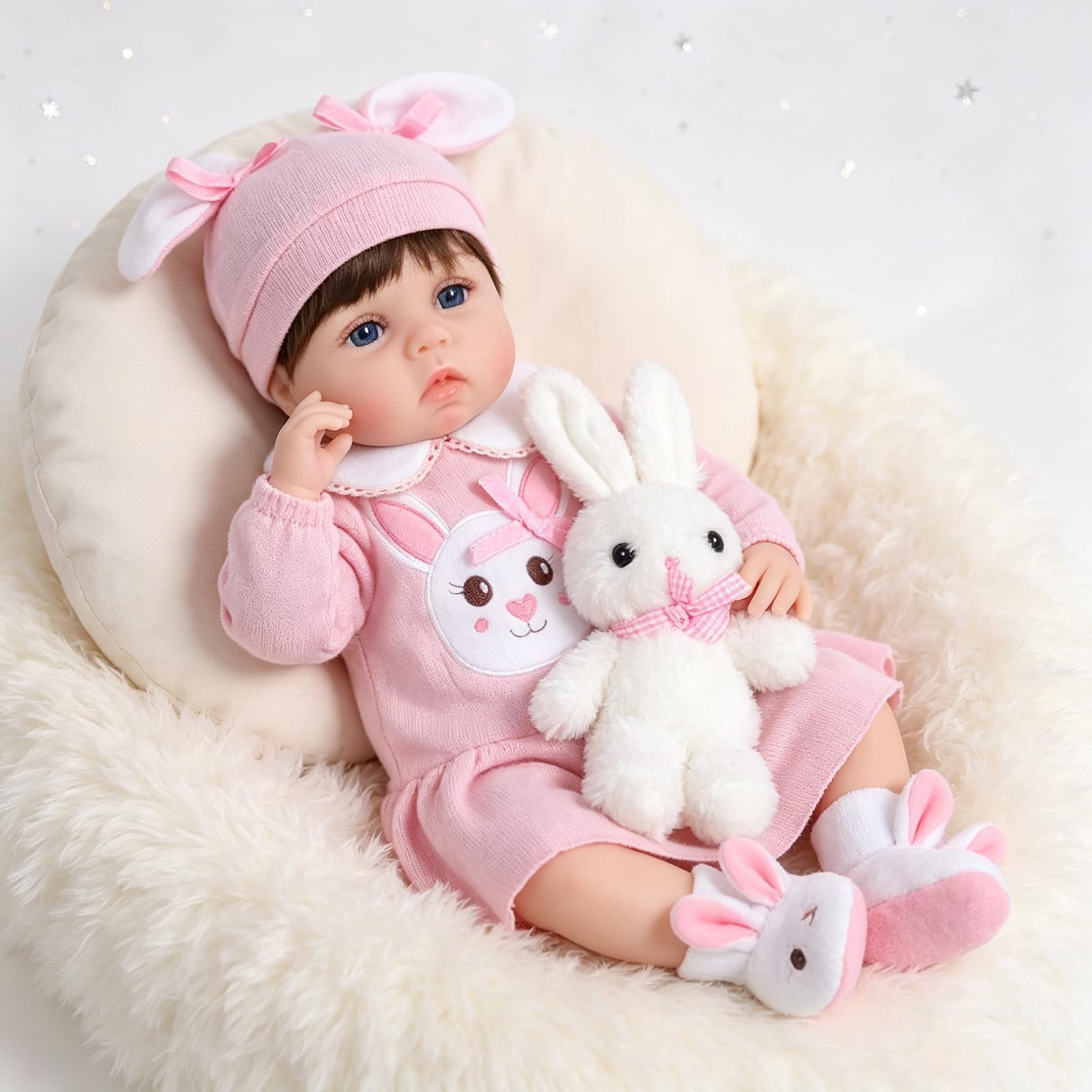22 Pollici Bambole Reborn realistica bambine 55 cm, corpo imbottito in cotone, tuta a tema coniglio rosa, ciuccio, biberon e Sonagli, regalo per bambini dai 3 anni in su