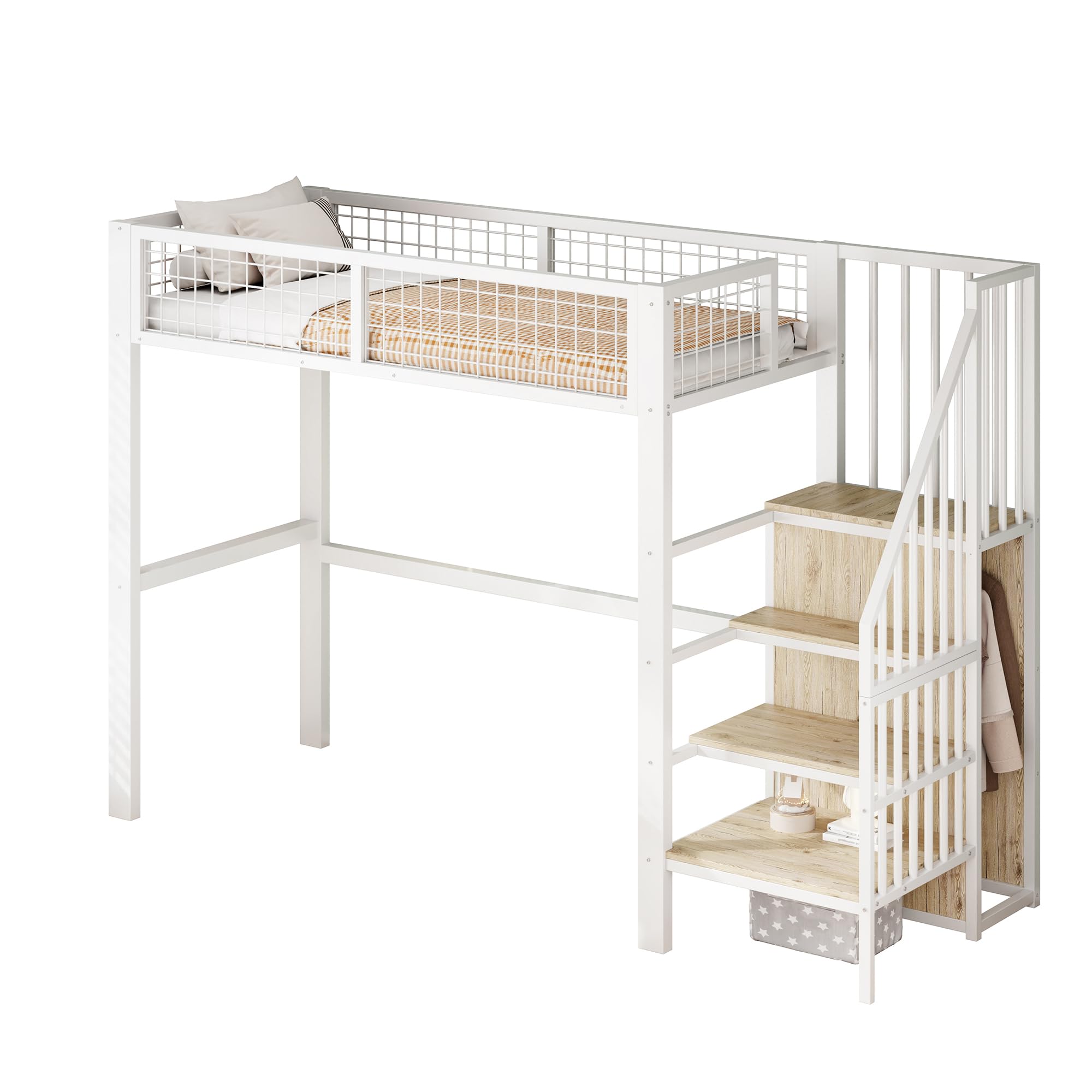 Hochbett 90x200 cm mit Schrank und Stauraum, Metallbett mit Treppe, Ablageflächen und integriertem Regal, Etagenbett für Kinder, Jugendliche und Erwachsene, Weiß