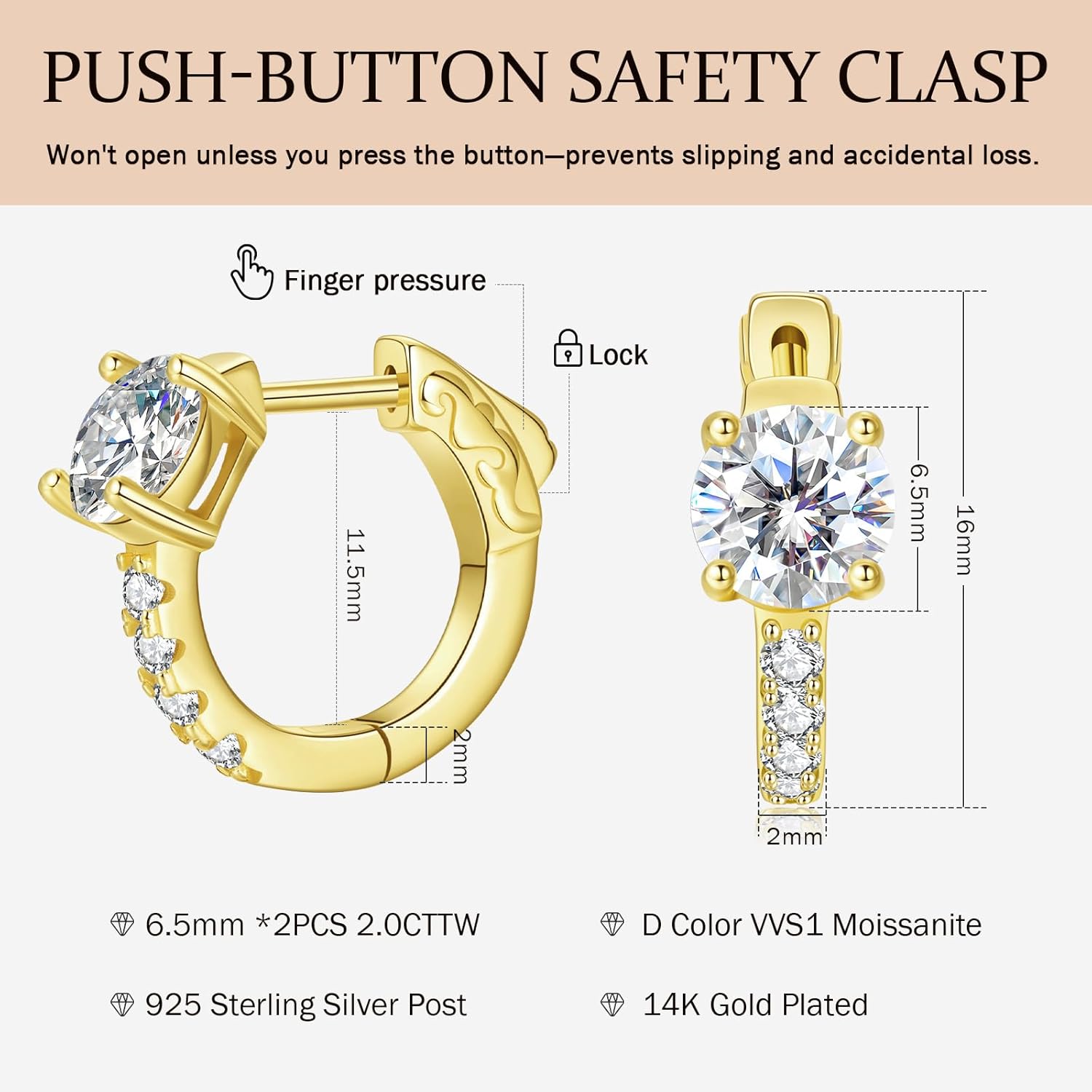 Gold Moissanite Hoop Earrings for Women, 2CT D Color VVS1 14K Gold Plated 925 Sterling Silver Posts Hypoallergenic Small Huggie Hoops, Round Cut Trendy Anniversary Valentine's Day Jewelry - Image 4