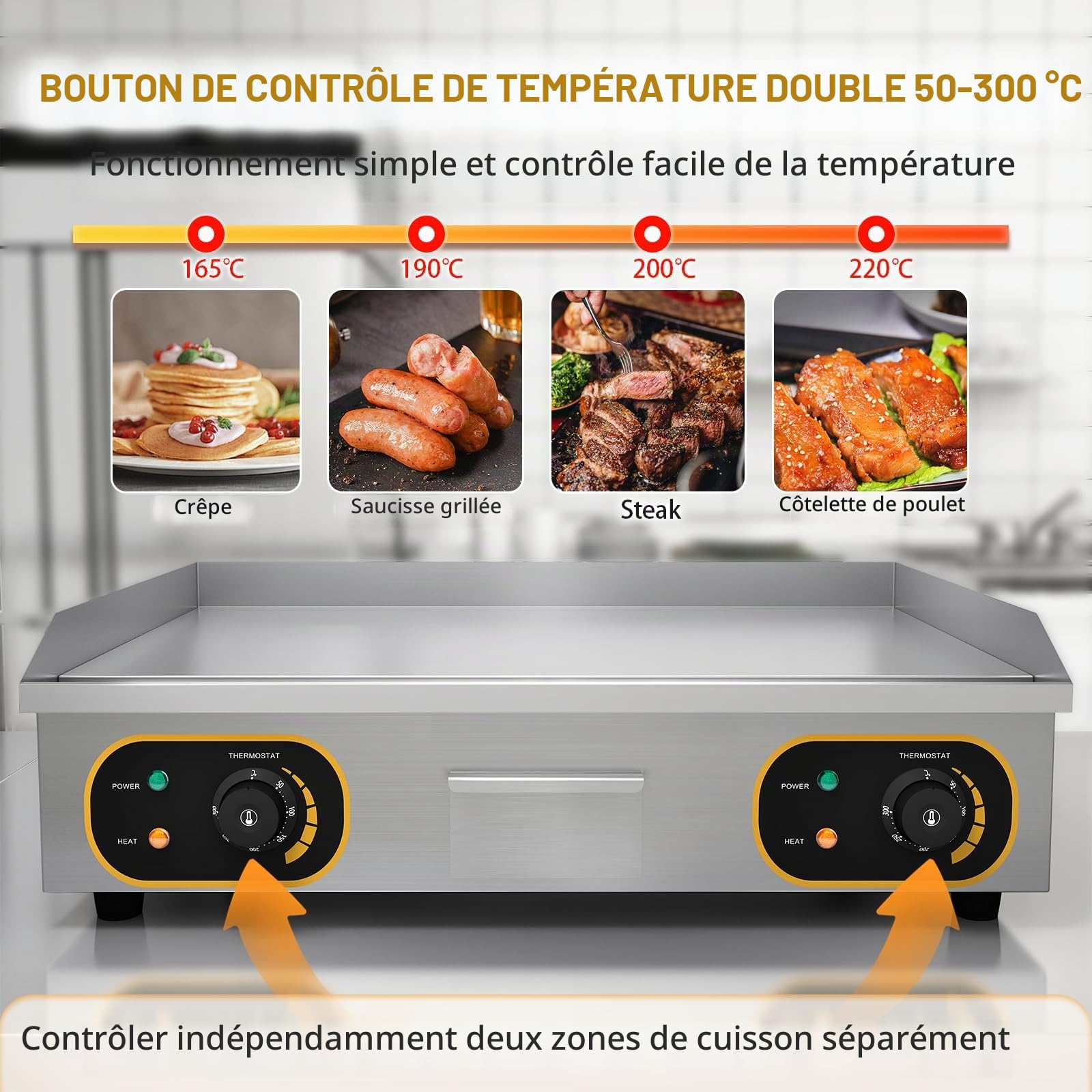 Plancha Électrique Professionnelle Inox 4400W De Gril En Le Fer 73 * 43cm, Thermostat 50 À 300°C, 2xThermostat, 2 Prises (Entièrement Lisse)