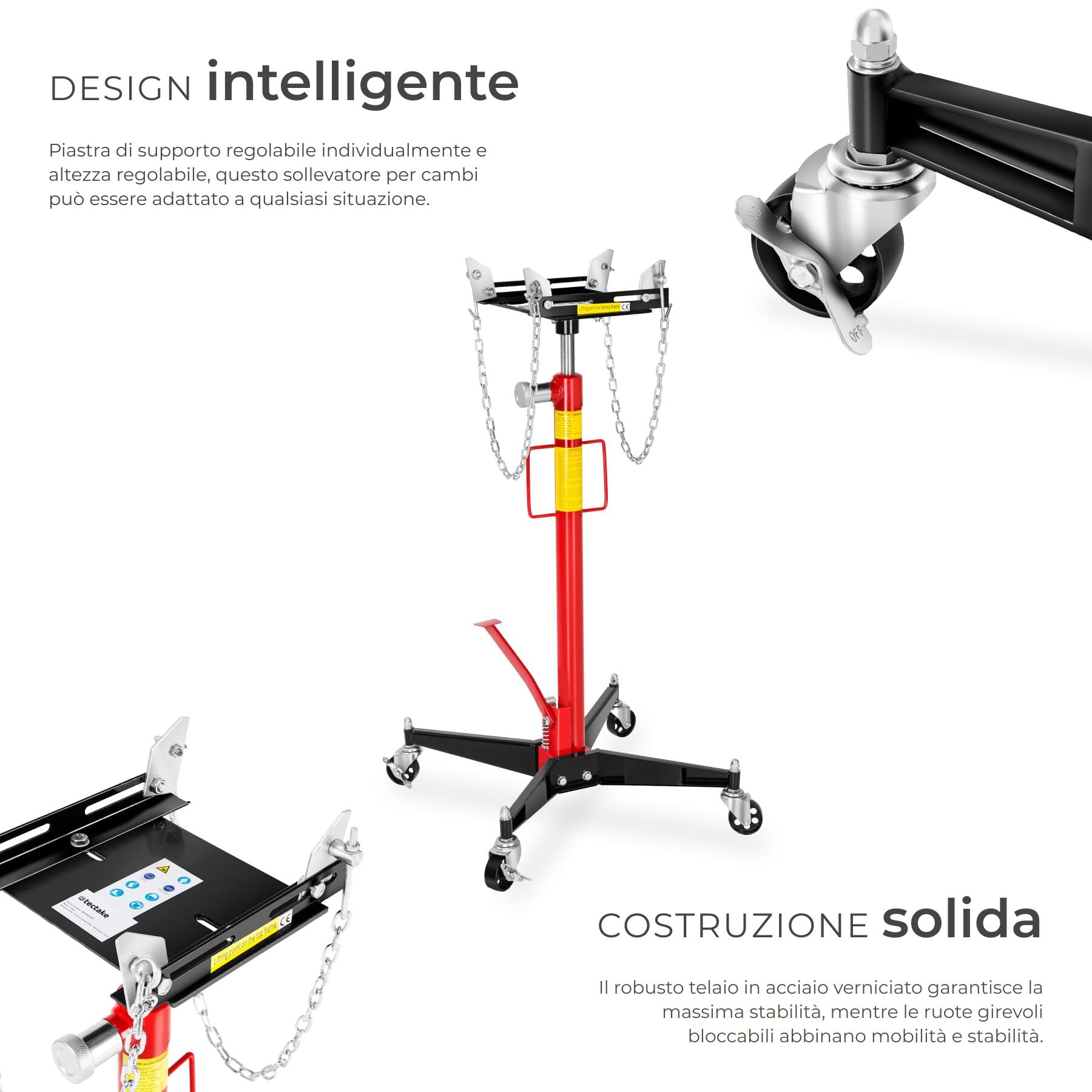 tectake® Sollevatore Idraulico per Motore, Sollevatore Cambio Auto, Carrello Officina Idraulico, Martinetto da Fossa, Supporto Regolabile, Ruote con Freno, Utensile Officina, 500 Kg, 38 Kg - Rosso