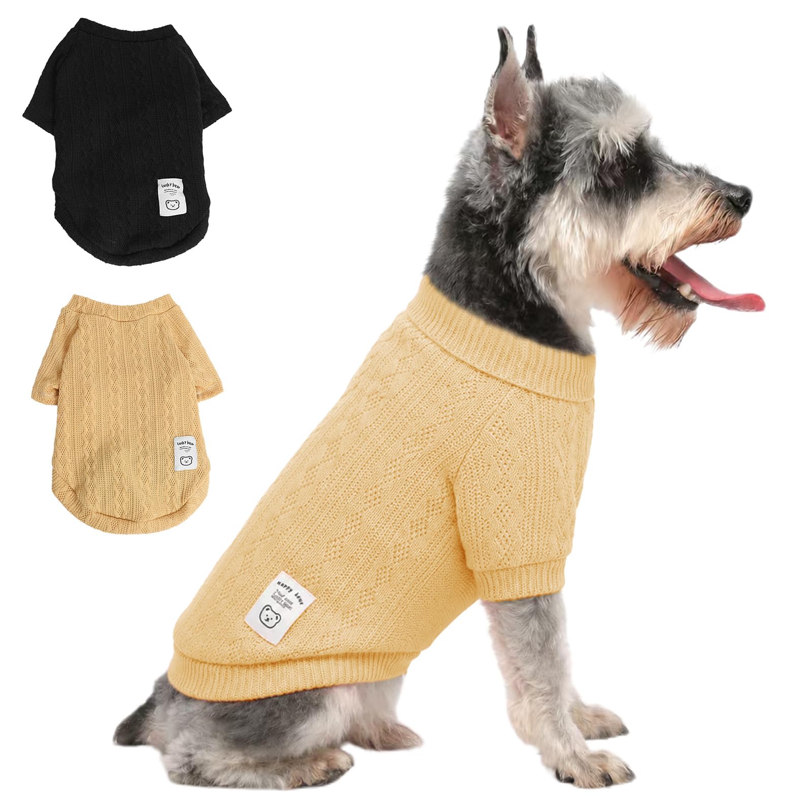 2PCS Dog Jumpers Knit Puppy Sweater Cozy Pet Clothes for Small Medium Dog Cat Autumn Outfit (Black+Yellow, XL)
