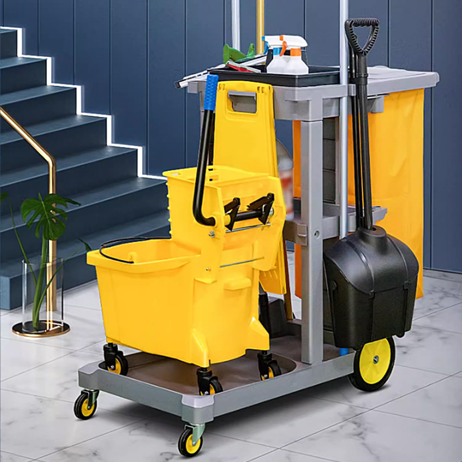 Carrito de limpieza profesional con ruedas de goma silenciosas, cesta multifuncional de 3 capas para ropa sucia zonas residenciales, centros comerciales, escuelas, hoteles, color negro
