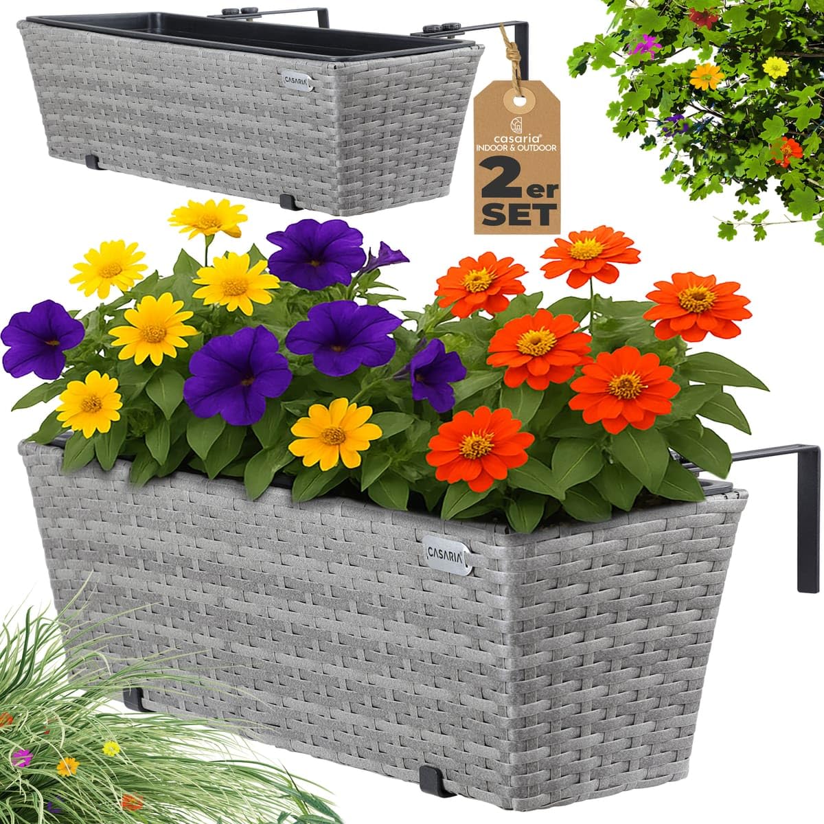 Casaria® Blumenkasten 2er Set 11 Liter Montagehalterung Indoor Outdoor Geländerkasten Balkonkasten Pflanzkasten grau