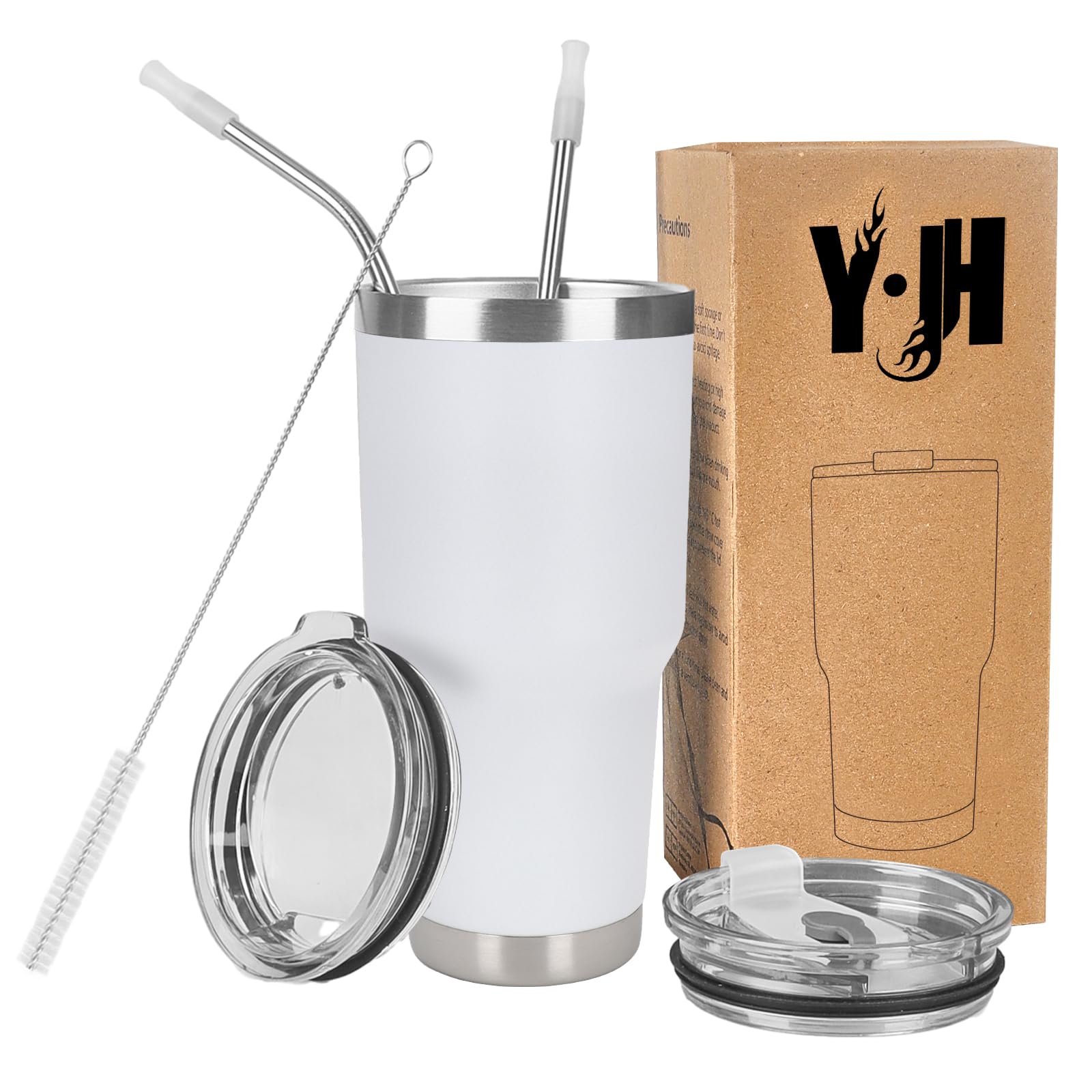 Y·J&H 30oz (850ml) Doppelwandig Vakuum Isolierter Autobecher, Edelstahl Reiseflasche, Thermobecher Kaffee to Go mit 2 Spritzfestem Deckel 2 Strohhalm, Rohrbürste,BPA Free - Weiß