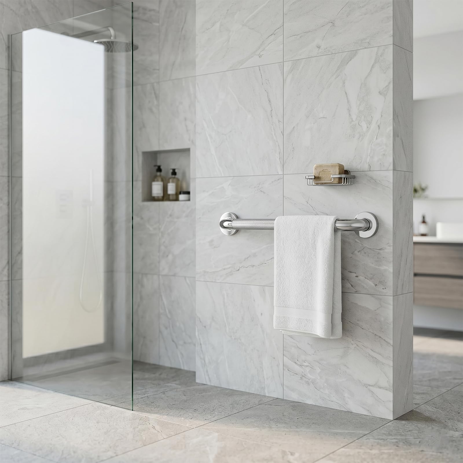 Haltegriff Bad 2er Set, 40 cm Badezimmer Handlauf aus Edelstahl 304 mit gerändelter Griffzone für rutschfesten Halt, Wandgriff für Dusche, Badewanne & WC, inkl. Montagematerial