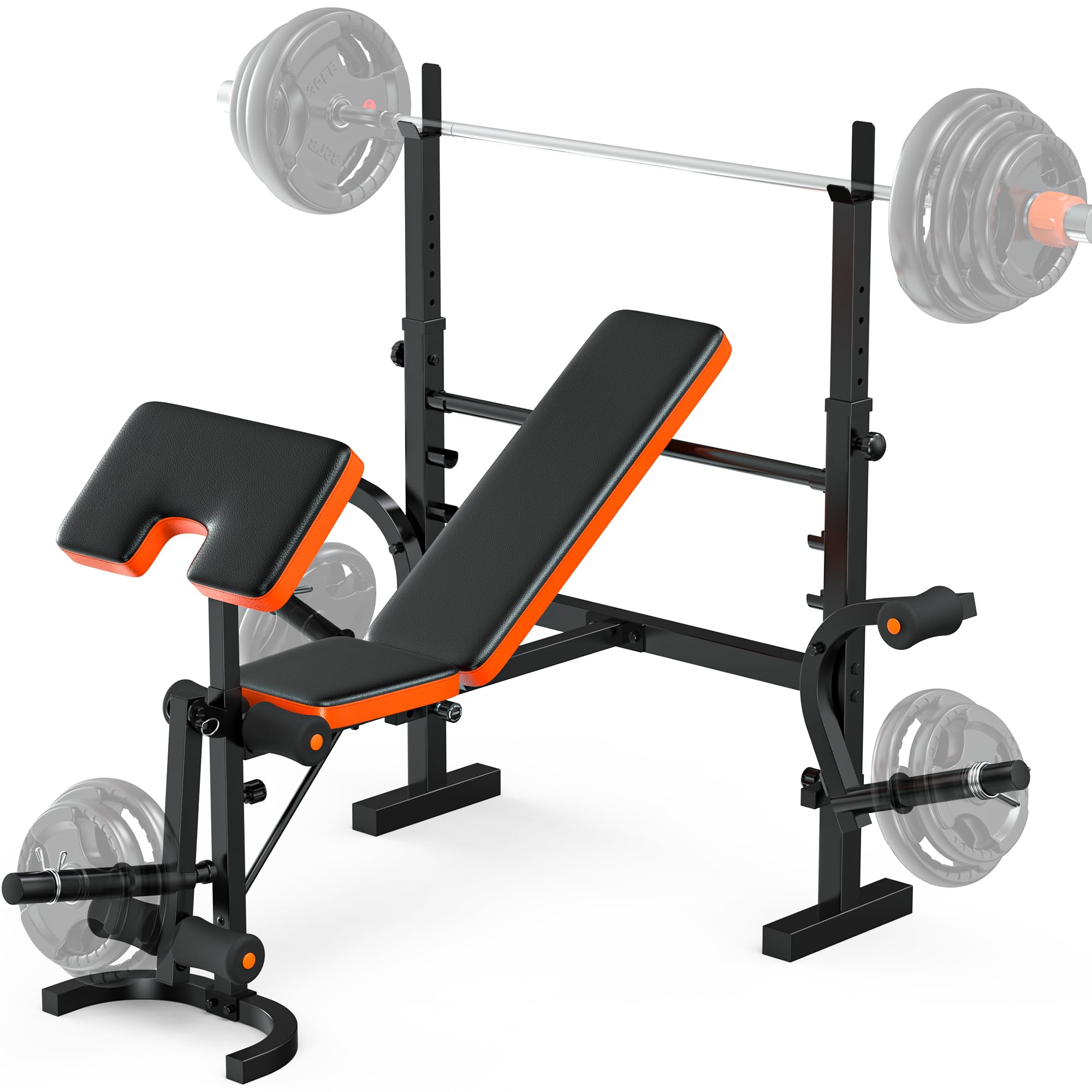 XDDIAS Hantelbank Verstellbar für Zuhause, Flach-/Schrägbank mit Squat Rack,Curlpult & Beinstrecker, Langhantelbank für Krafttraining, 350 kg Belastbarkeit