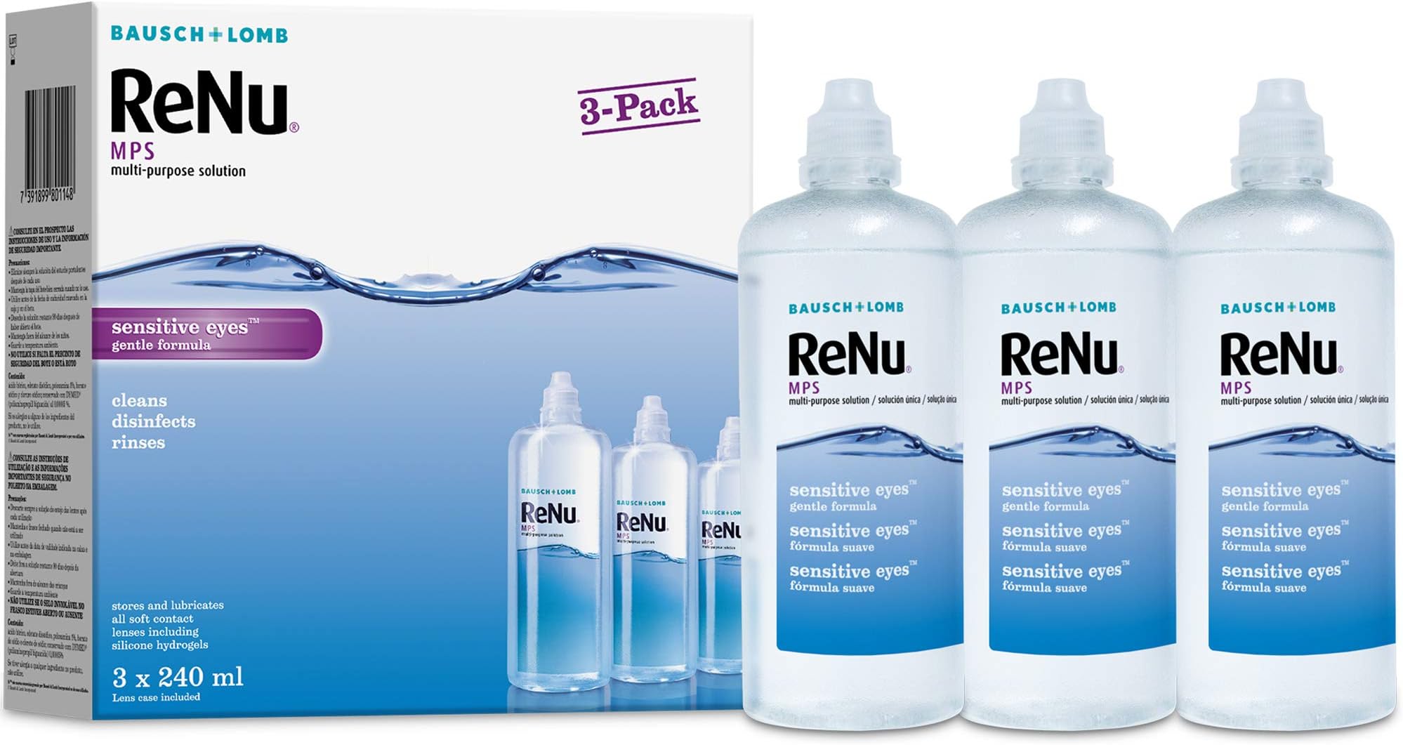 ReNu Multi-Purpose Contact Lens Solution 3 x 240ml - Soft Contact Lenses for Comfortable Wear - Gentle on Sensitive Eyes - Clean, Disinfect, Rinse, Lubricate and Store your Lenses - Lens Case Included