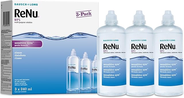 ReNu Multi-Purpose Contact Lens Solution 3 x 240ml - Soft Contact Lenses for Comfortable Wear - Gentle on Sensitive Eyes - Clean, Disinfect, Rinse, Lubricate and Store your Lenses - Lens Case Included