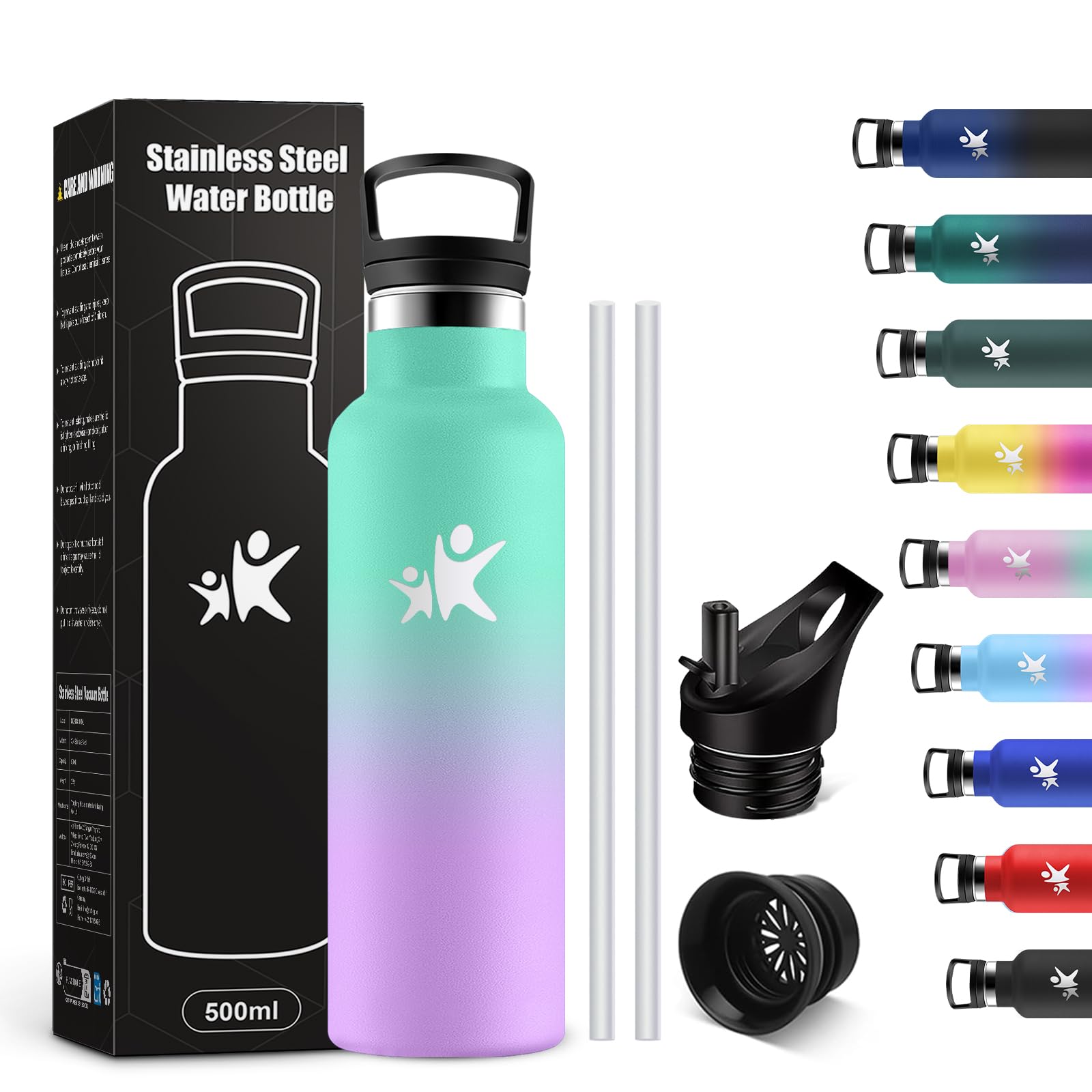 KollyKolla Botella Agua Acero Inoxidable 500ml, Cantimplora Termo con Doble Aislamiento, Botella Termica con Pajita, sin BPA, Termo Reutilizable para Oficina, Camping, Niños, Fitness, Niños, Yoga