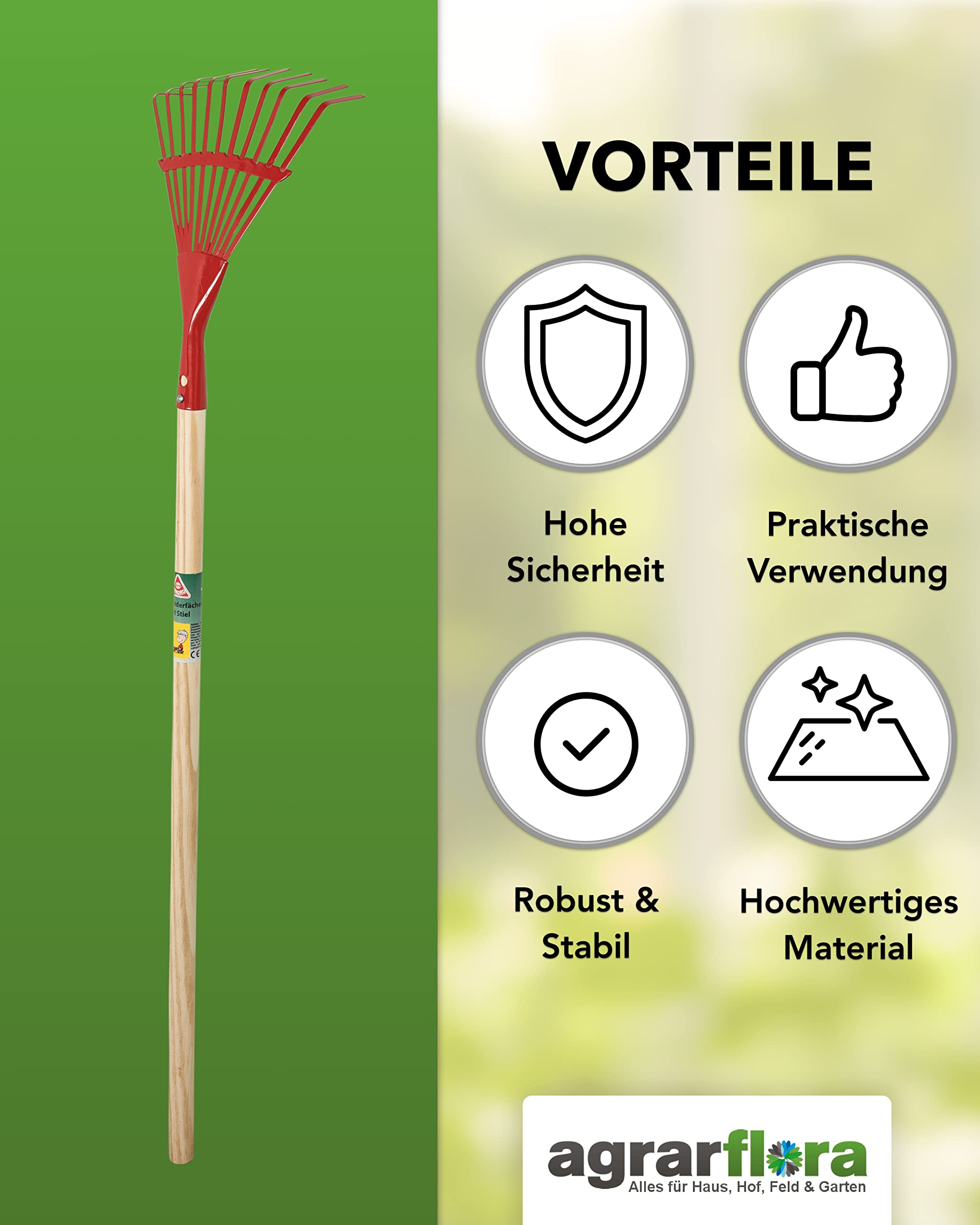 Kinder Gartengeräte Set 5 Teile - stabiles Gartenpielzeug aus Metall und Holz - kindergerechtes Gartenwerkzeug für Draußen - Rechen, Fächerbesen, Schaufel, Spaten und Besen