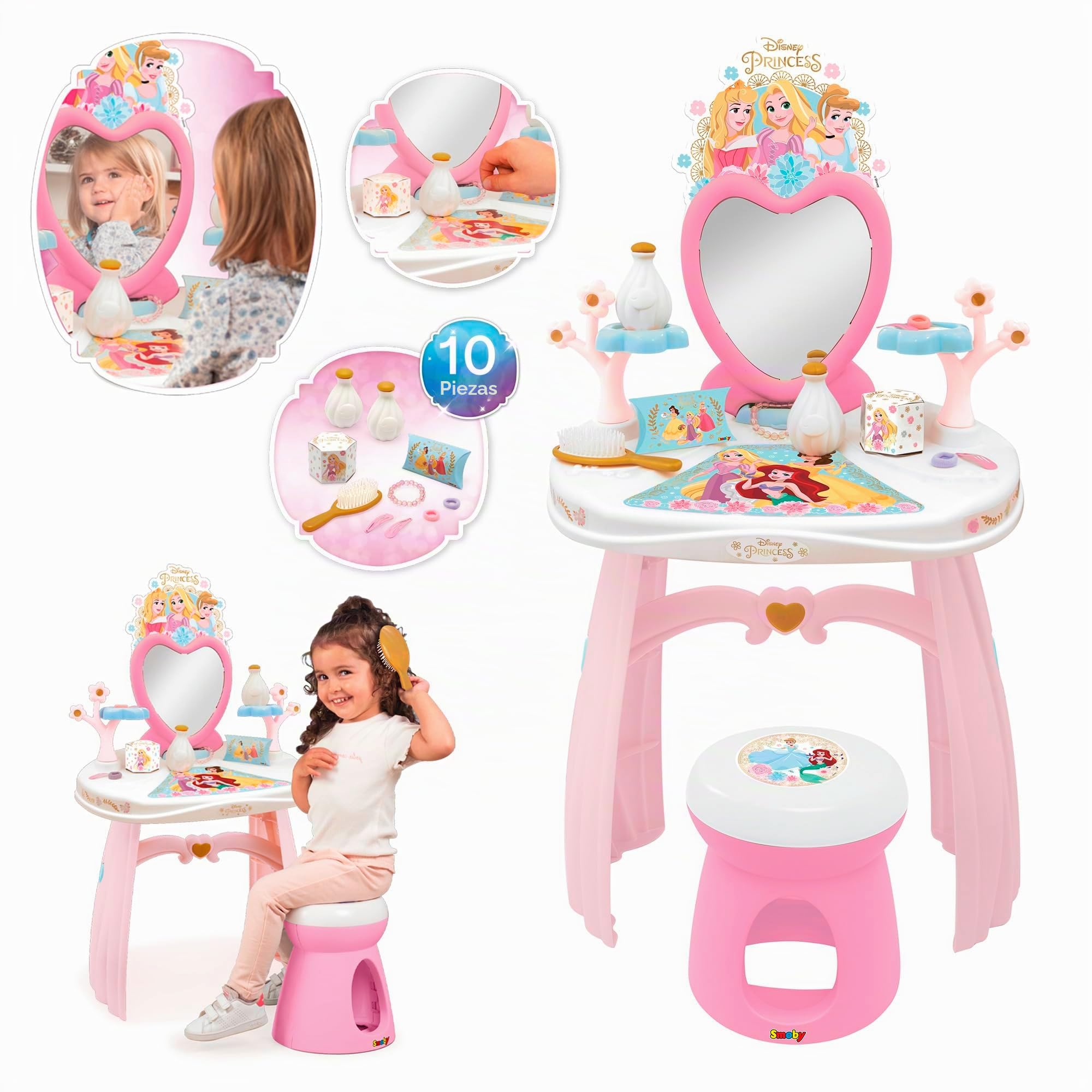 Smoby Tocador Princesas Disney con Taburete hasta 50 kg Espejo y 10 Accesorios incluidos Juguete Infantil para Juegos de imitación creativos (7600320251)