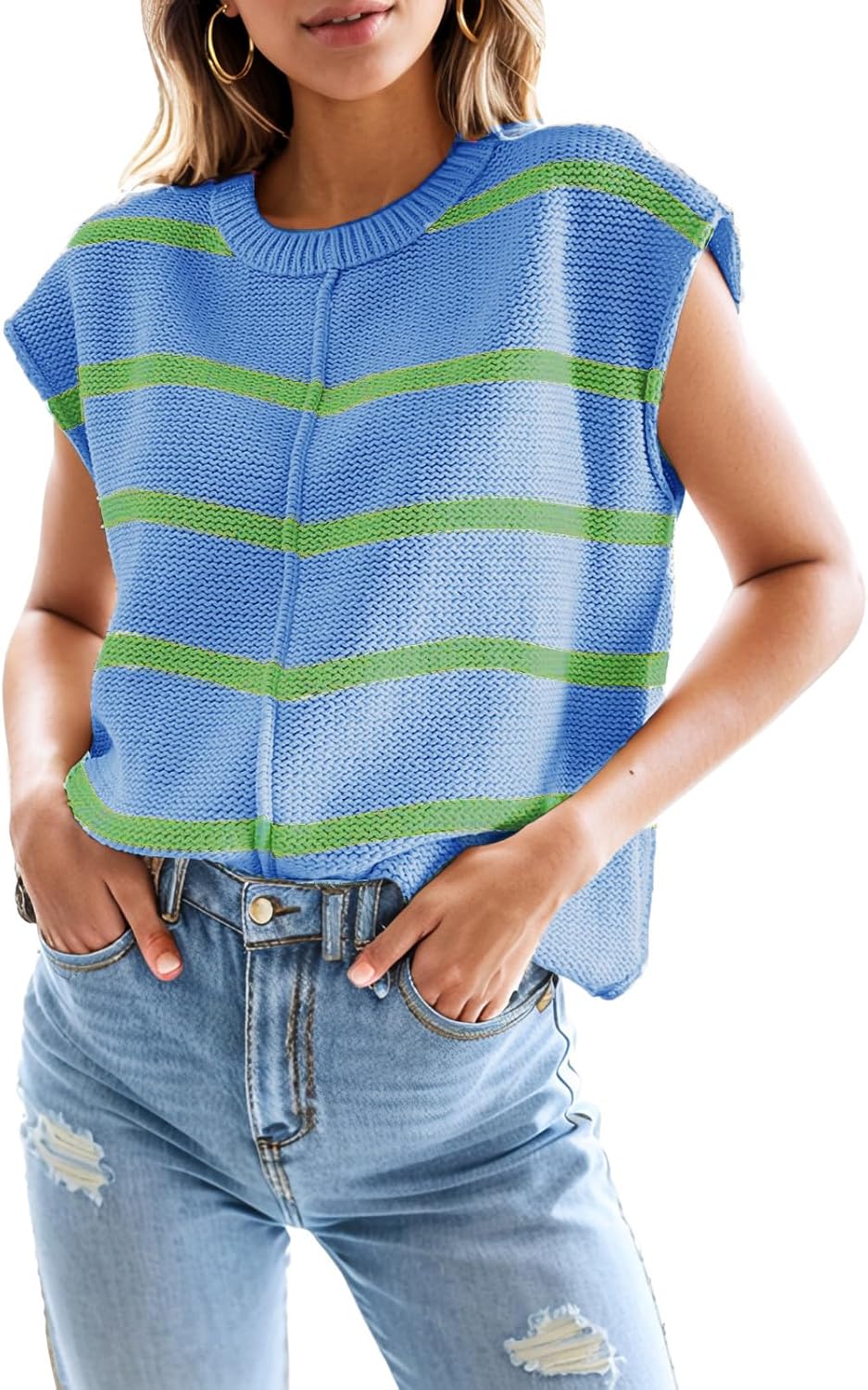 Womens Tops Cap Sleeve Striped Knit Tank Top Loose Fit Sweater Vest 2025 Spring Summer Outfits Pullover Top