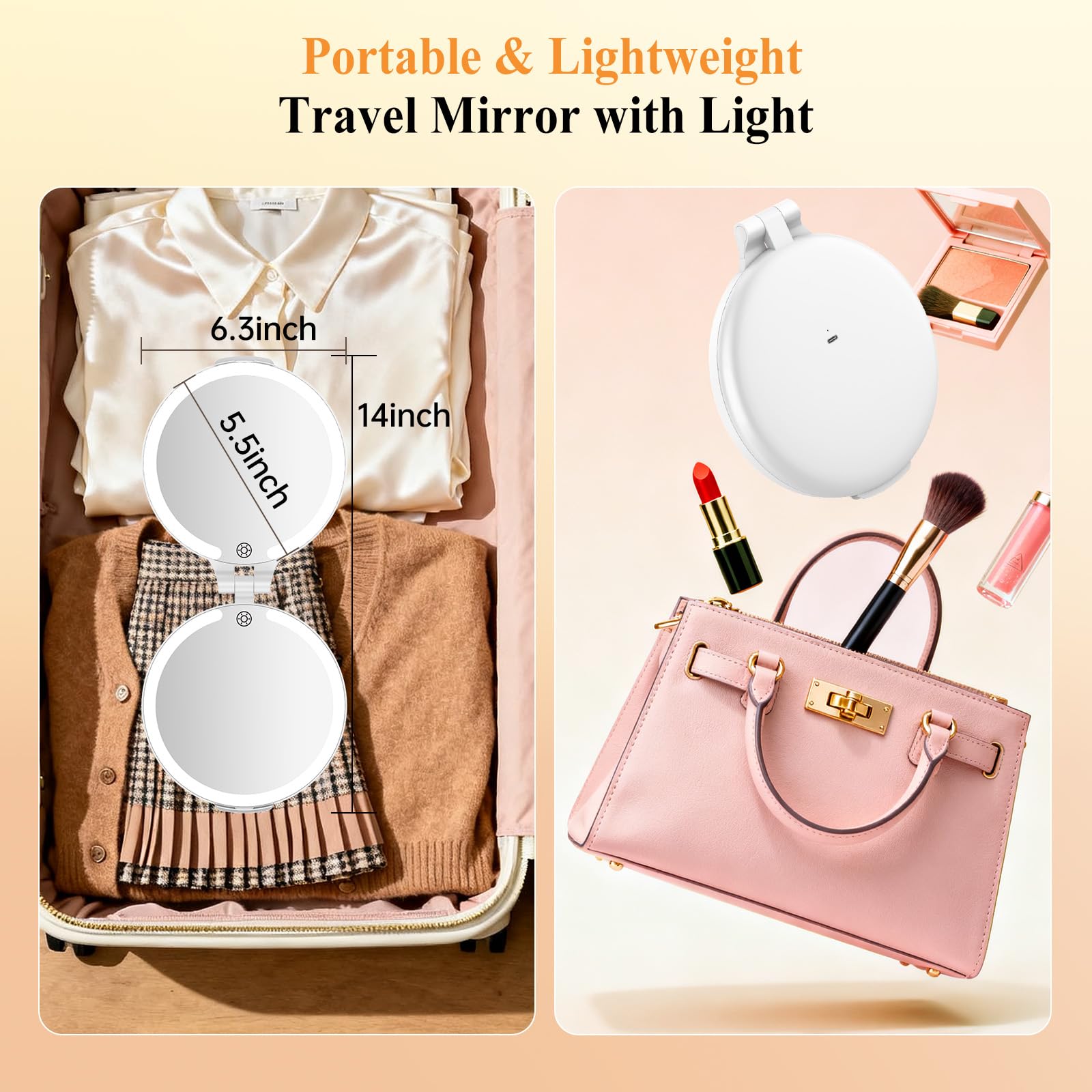 FUNTOUCH Miroir de maquillage de voyage rechargeable grossissant x 30 pour femme, blanc 17,8 cm | Double face/éclairage 3 couleurs/écran tactile à intensité variable/intérieur, extérieur/cadeau pour filles