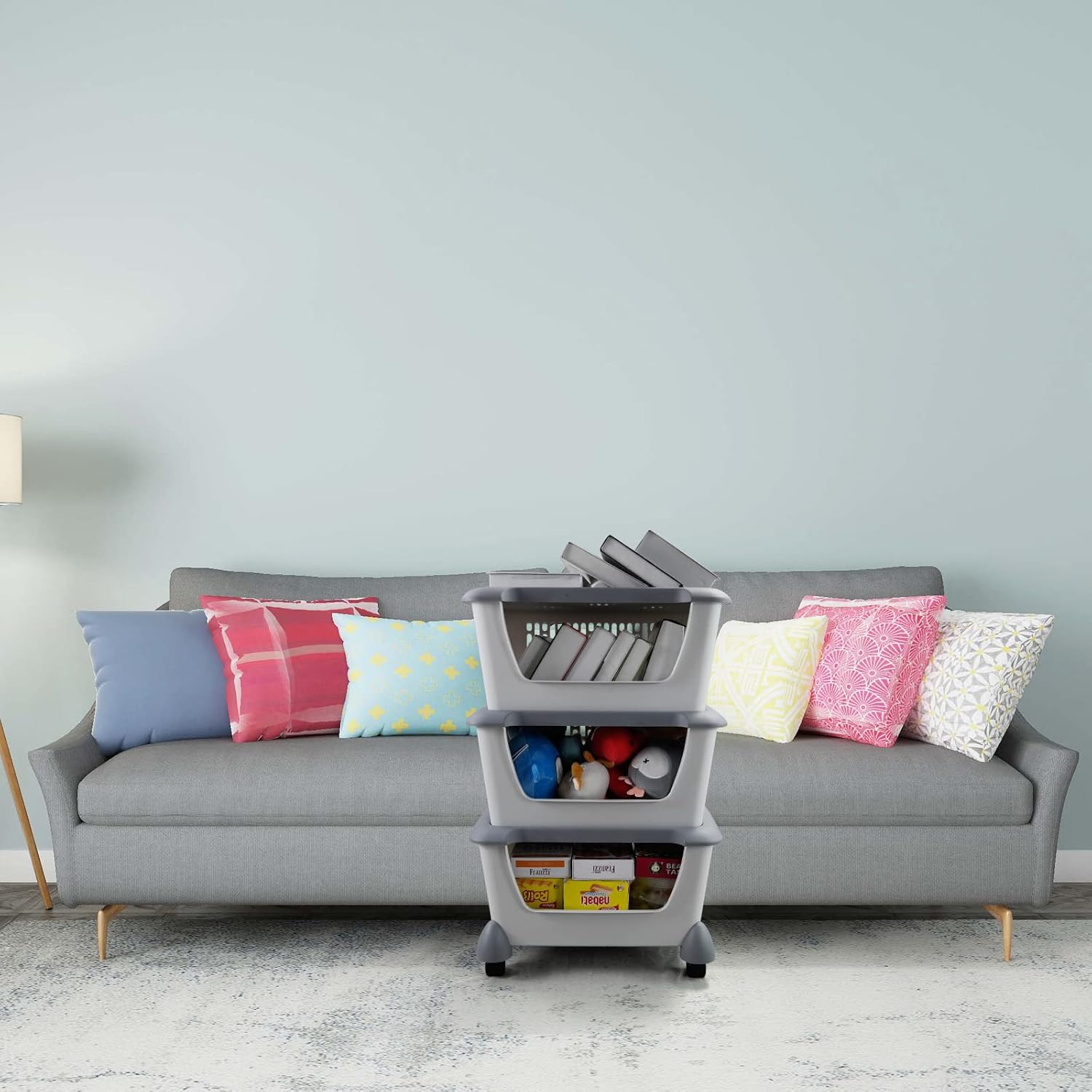 3 Packs Plastic Stacking Storage Basket, Large Stacking Bins with Wheels, Gray