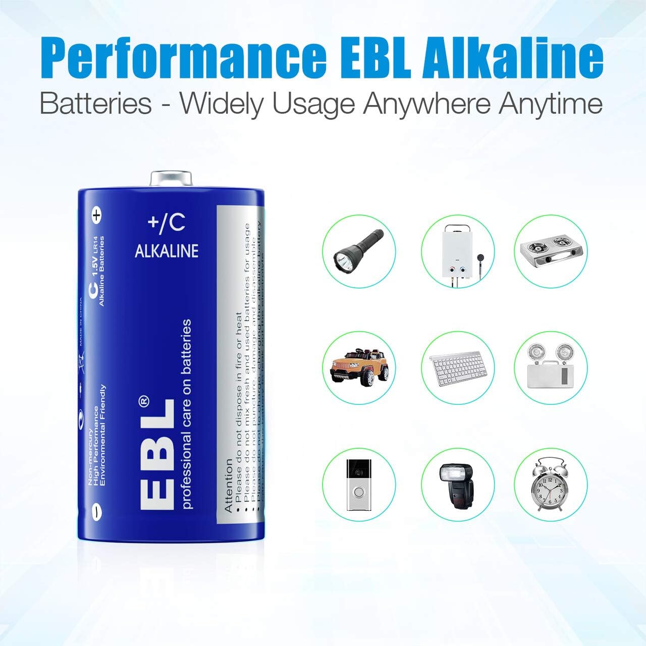 EBL C Batteries - Alkaline C Cell Batteries 12 Count High Performance with Longer Year Shelf Life for Household and Business
