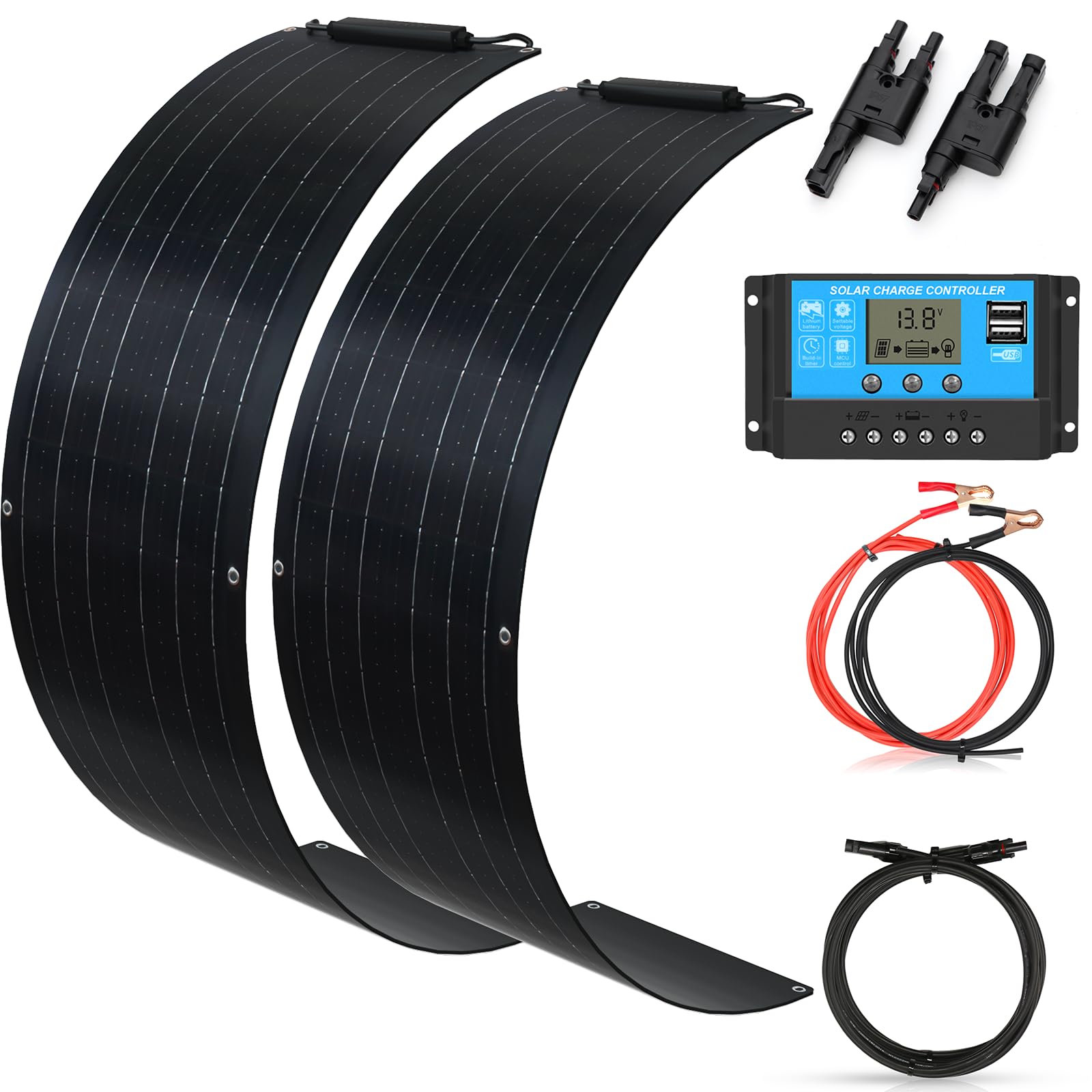 XINPUGUANG Kit de panel solar flexible de 100 W con controlador solar para fuera de la red | 2 paneles solares de 50 W, 500 Wh por día, tipo N, 25% de alta eficiencia, 115 cm x 24 cm (largo x ancho)