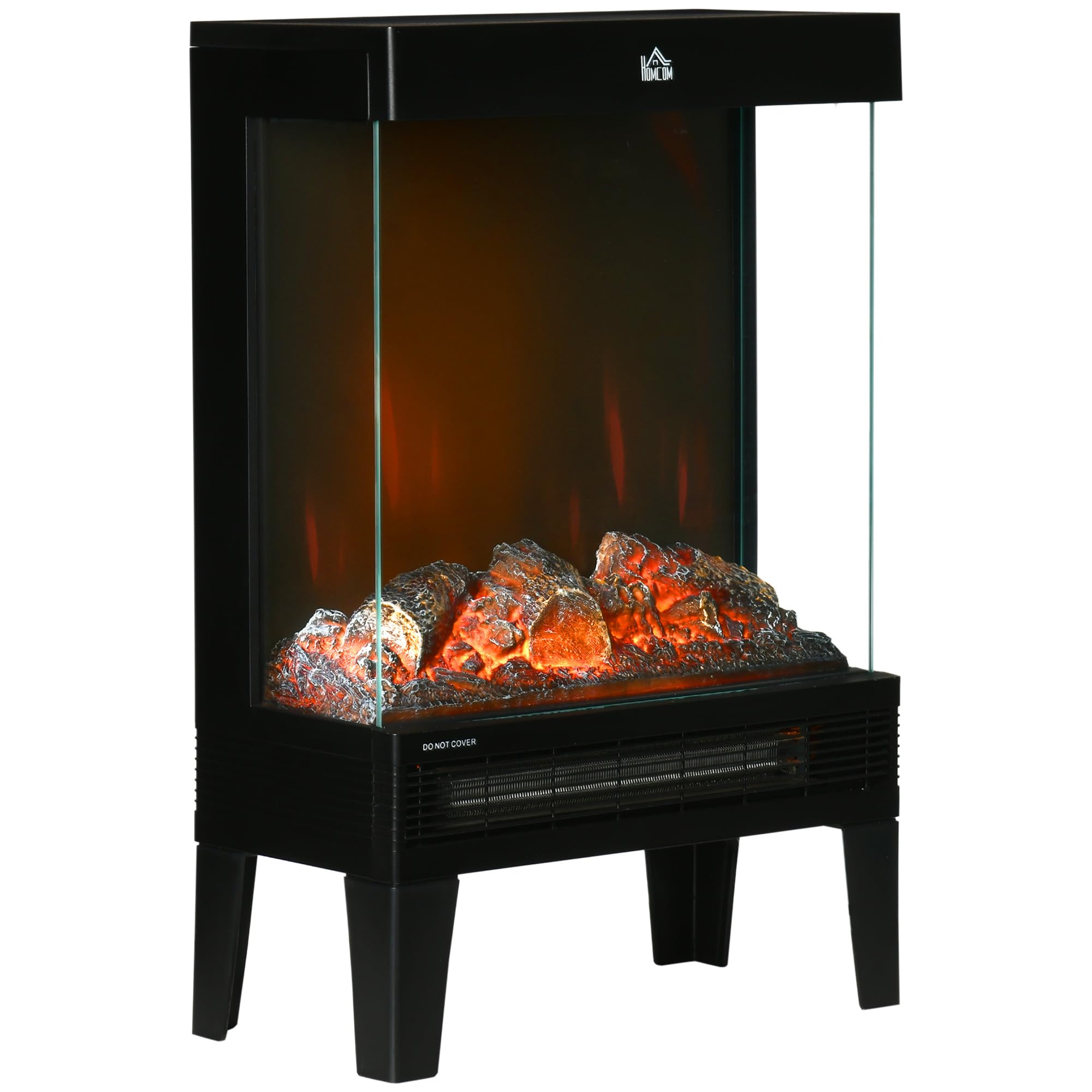 HOMCOM 180° Charming Electric Fireplace Heater - Quiet Freestanding Stove with LED Flame Effect - Level-less Temperature Control - Overheating Protect