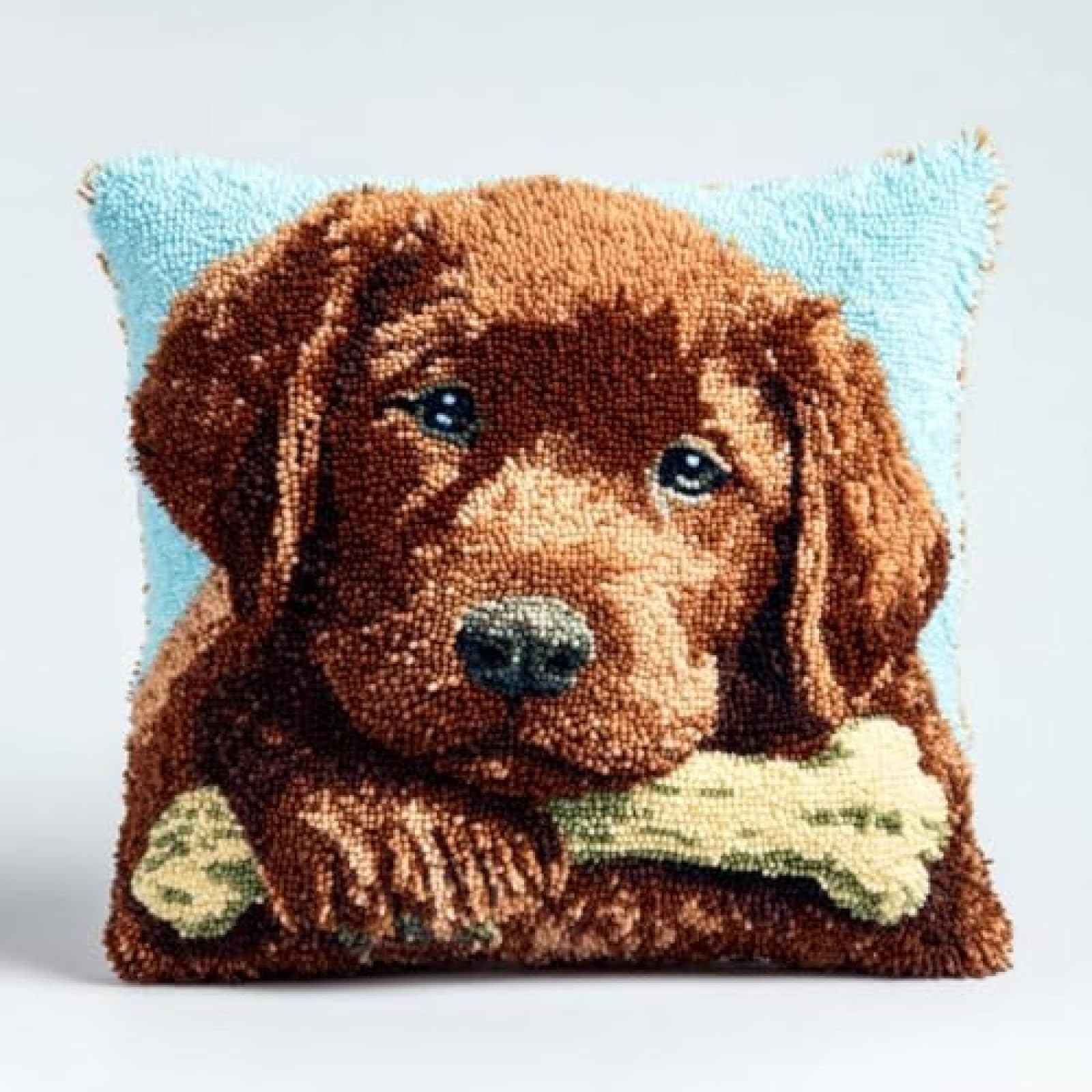 kitphoenix Adults Latch Hook Craft Kit,Retriever and Bone,Cushion Cover Making Kit with Yarn and Hook,DIY Embroidery Pillow Cover Set,43x43 cm