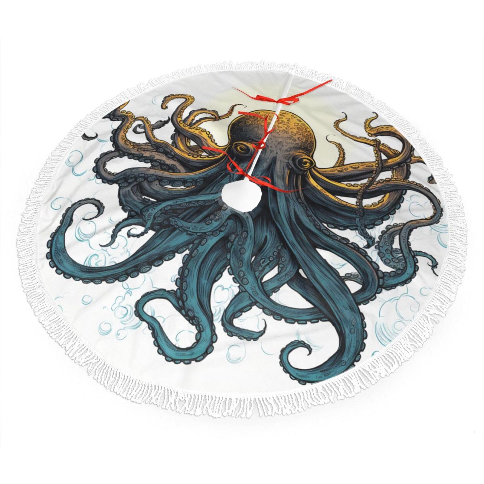 Sun Ocean Octopus Christmas Tree Skirt 36", Soft Plush Xmas Tree Carpet with Tassel Christmas Ornaments Winter Holiday Tree Mat Decoration for Home Party Supplies