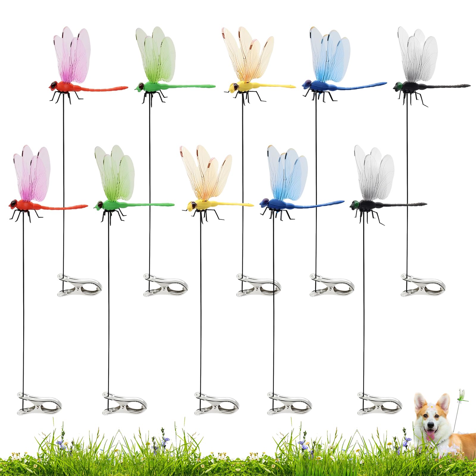PYSUL 10 Pack Dragonfly Clip, 3D Realistic Fake Dragonflies, Dragonfly Garden Stakes, Humming Bird Stakes, Plastic Dragon Fly Clips, Dragonflies Garden Decor for Indoor Outdoor Decor