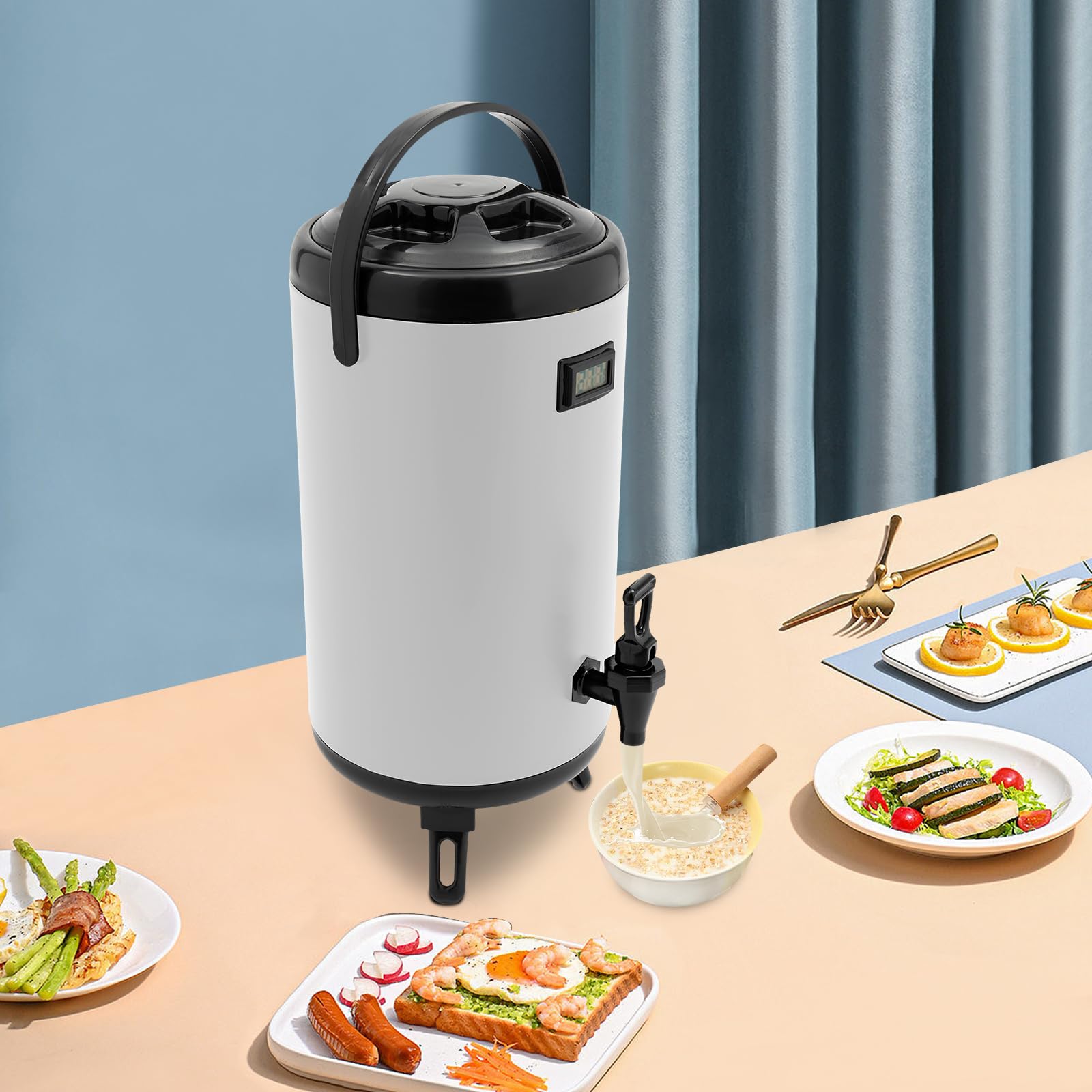 Contenitore termico in acciaio inox, dispenser di bevande da 12 l, con termometro e rubinetto, secchio isolato con funzione di mantenimento freddo e caldo per 12 ore, contenitore termico con coperchio