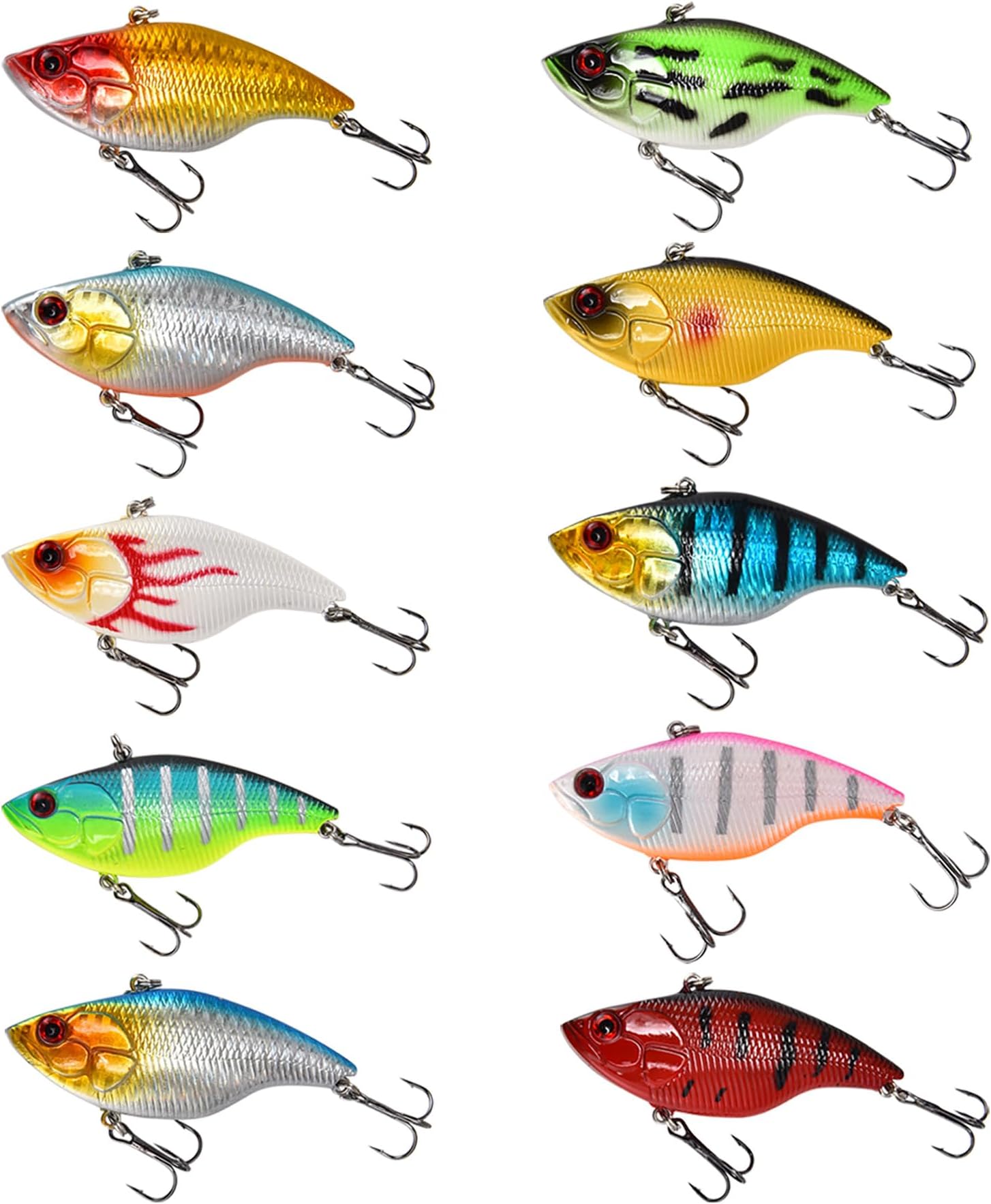 NOBONDO 10 PCS Lipless Crankbait Fishing Lures for Saltwater Freshwater – 3/5 OZ VIB Lures with 3D Eyes, Sinking Vibe Crank Baits Swimbaits Minnow for Bass Trout Catfish Pike Walleye