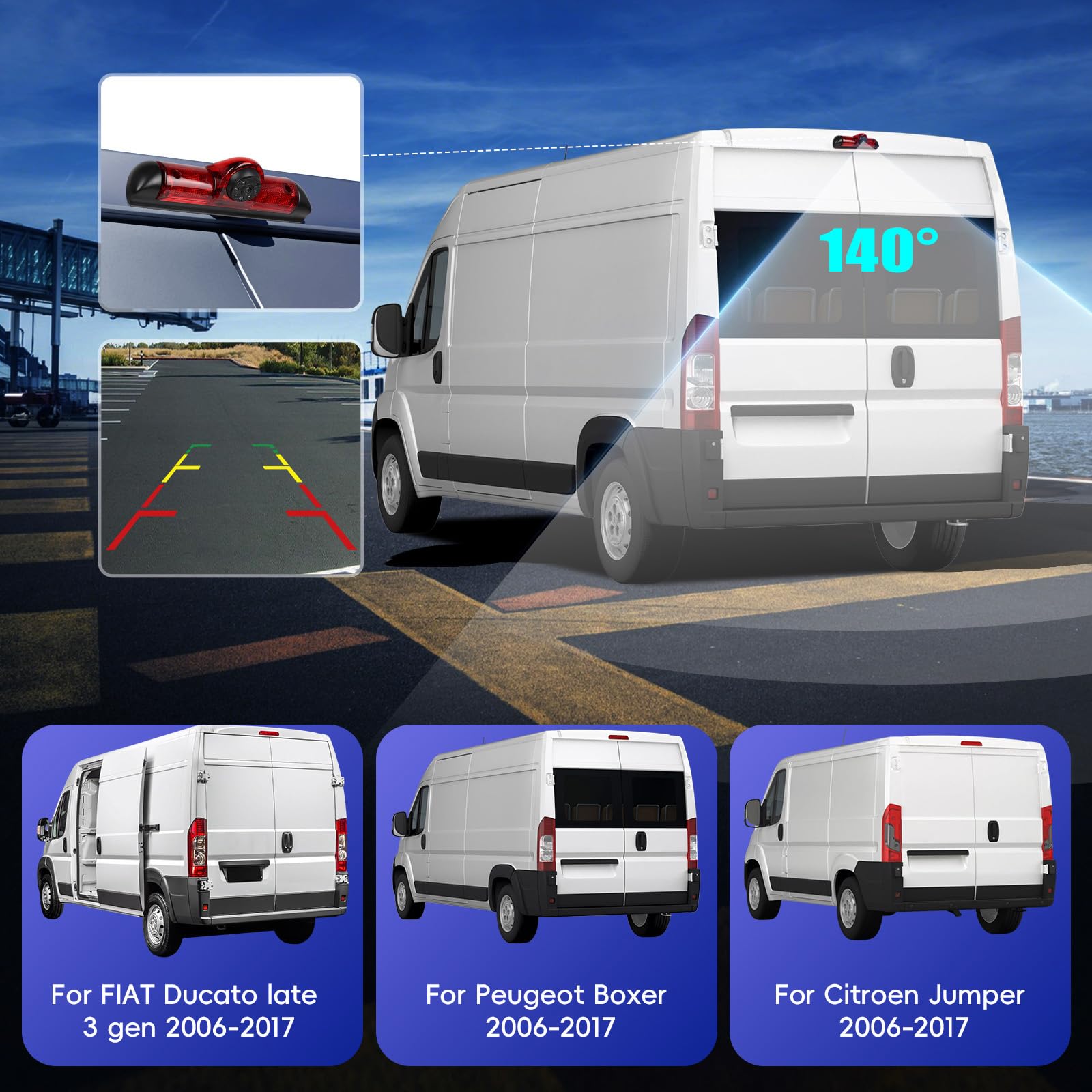 CAMECHO Rückfahrkamera HD Nachtsicht IP67 Wasserdichter Kamera für FIAT Ducato Peugeot Boxer Citroen Jumper 2006-2017, Bremslicht mit Weitwinkel 140°, 12V, 10M Kabelgebundene Verbindung