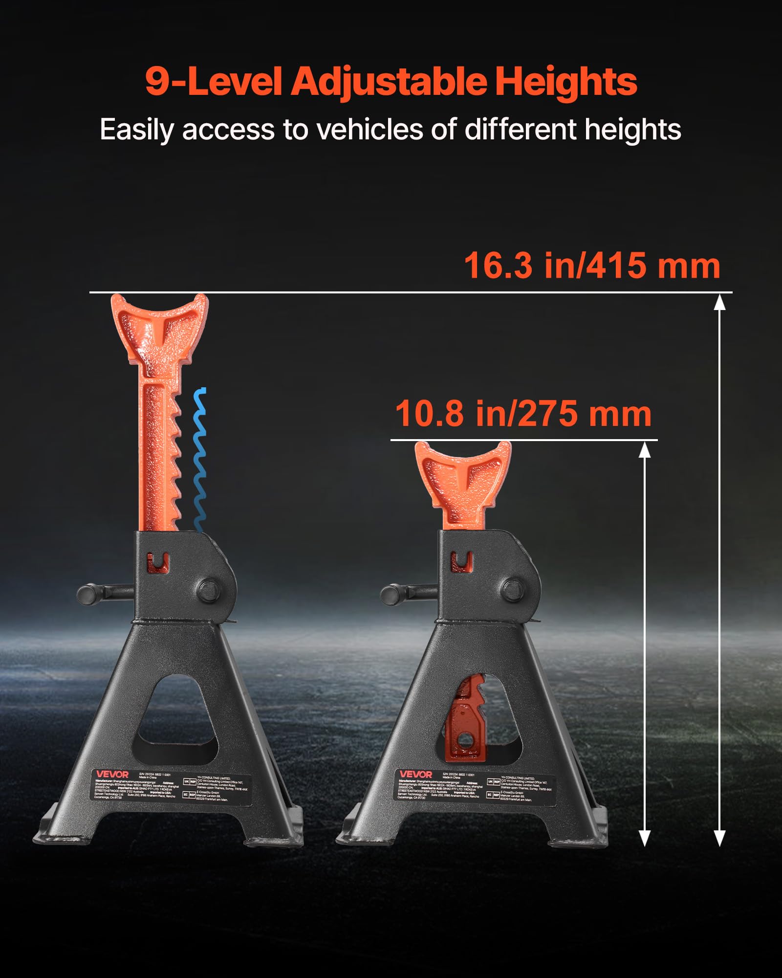 VEVOR Cavalletti di Sollevamento Capacità 3 Tonnellate, Altezza Regolabile da 275 a 415 mm, Robusti Cavalletti di Sollevamento in Acciaio con Bloccaggio, per SUV, Auto, Nero e Arancione