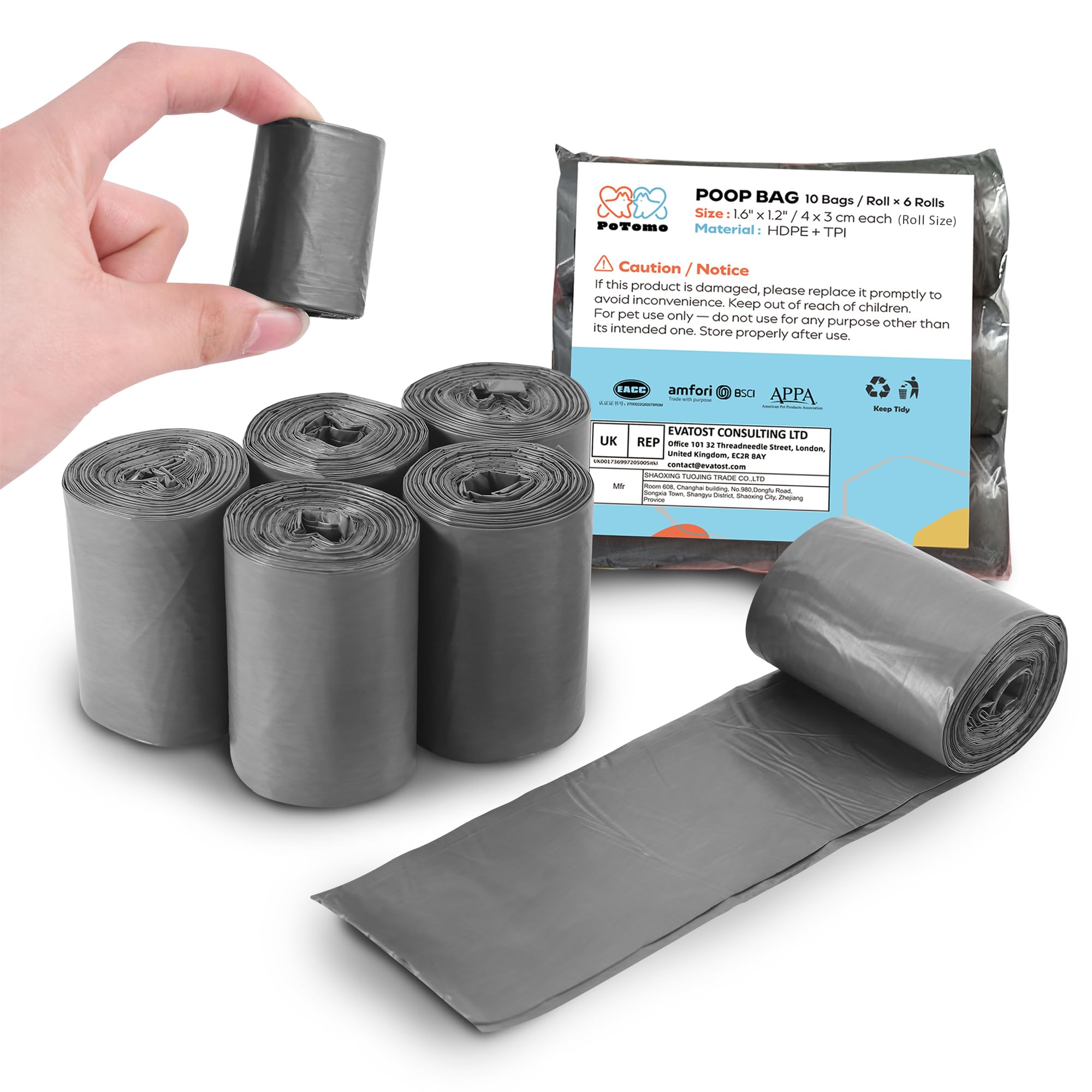 Potomo Dog Poop Bags Rolls (60 Bags, 6 Compact Rolls) – 100% Leakproof, Secure & Hygienic Poo Bags Dogs – Fits Potomo Pooper Scooper & Standard Dispenser, Dog Bag Essentials for Walks