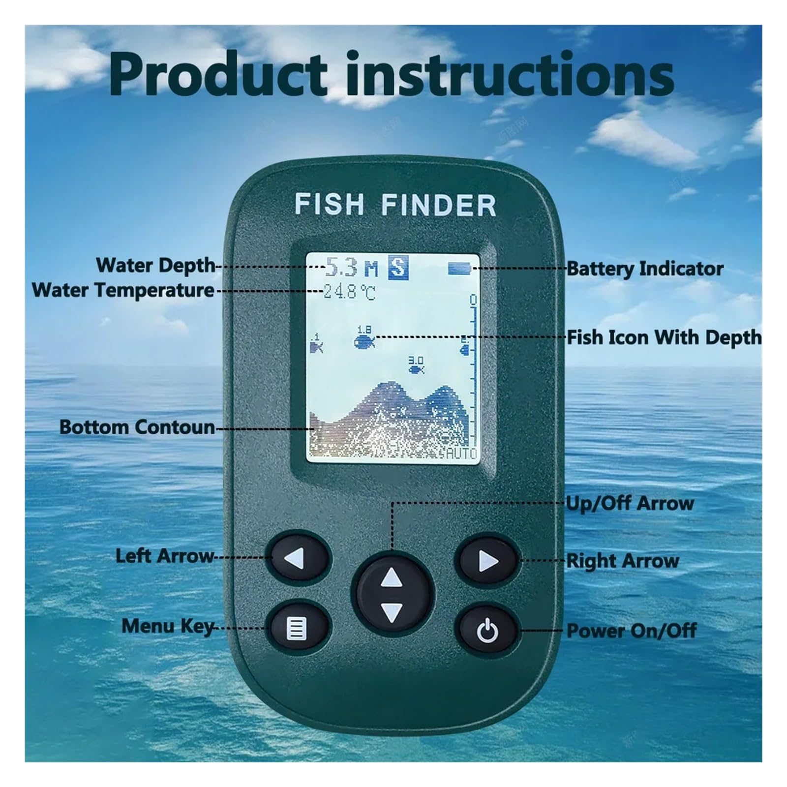 New smart portable Sonar Fish Finders Fishing lure Echo Sounder Finder Alarm Transducer Lake Sea Fishing(green)