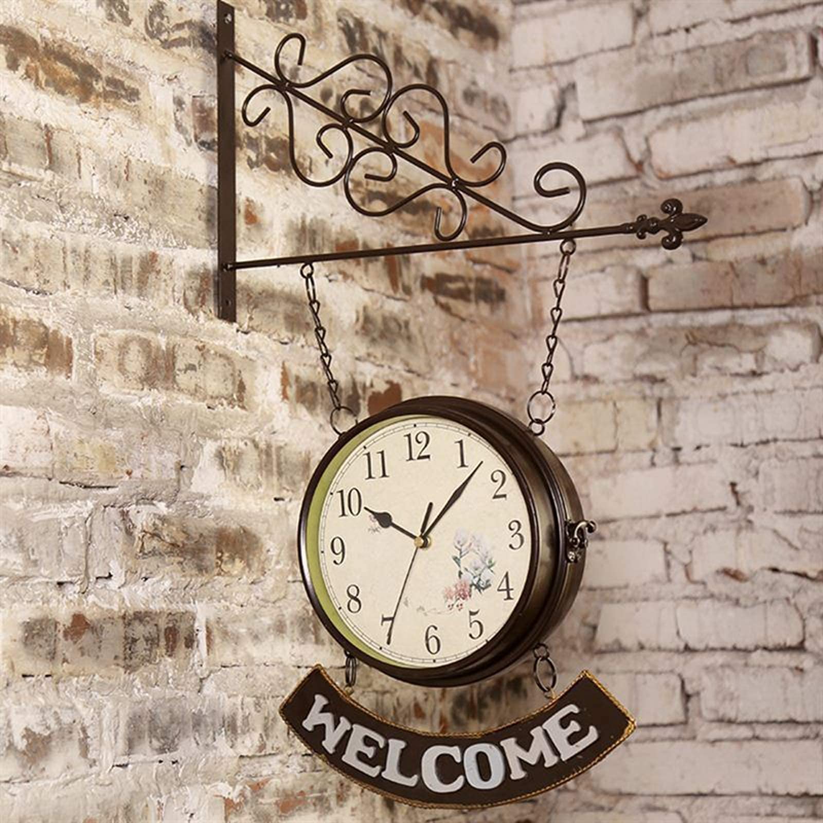 Reloj de pared para jardín al aire libre, reloj de estación grande de números arábigos de doble cara, reloj de jardín de hierro forjado con cartel de bienvenida, reloj para exteriores impermeable