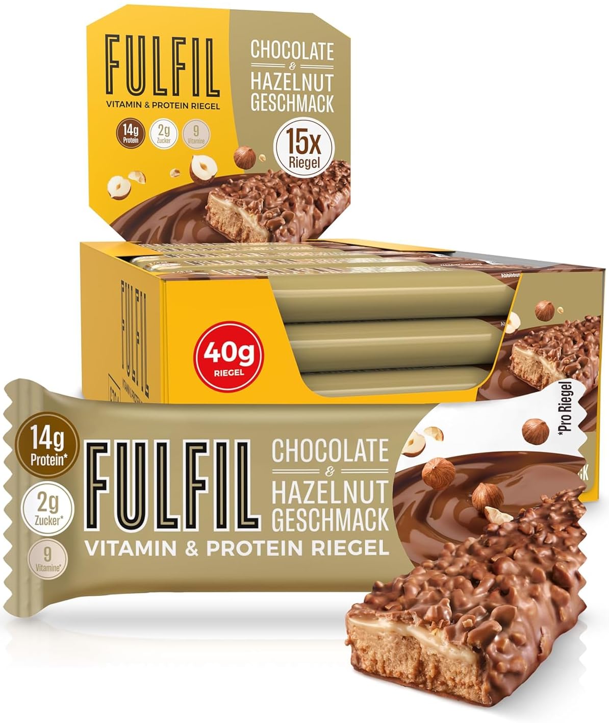 FULFIL Vitamin- und Proteinriegel Chocolate und Hazelnut Geschmack - High Protein, Low Sugar Snack mit Schokolade und Vitaminen - 15 x 40 g