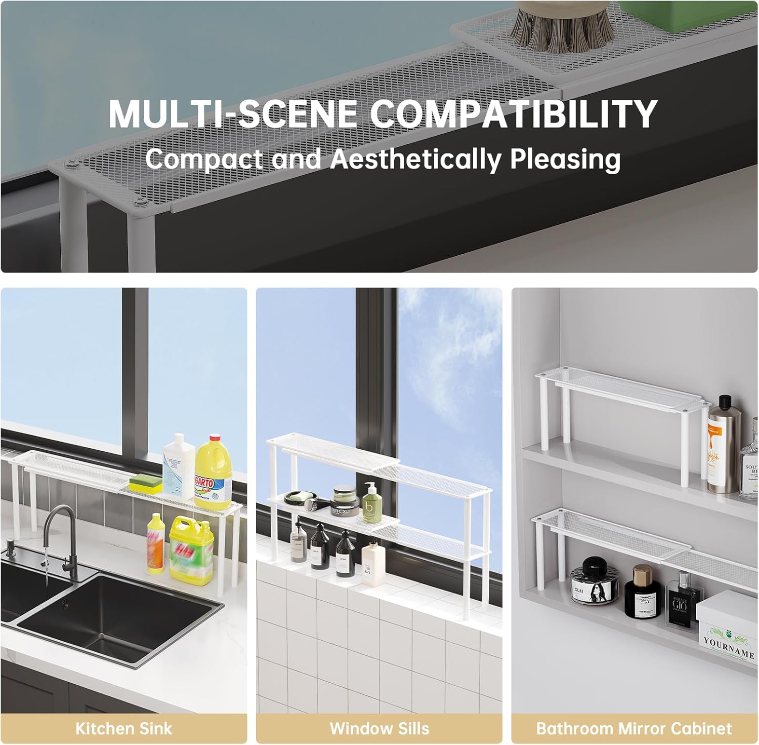 Expandable Window Shelf for Plants Kitchen Sink Organizer Stackable Narrow Shelves Kitchen Countertop Holder Mesh Design (2, White)