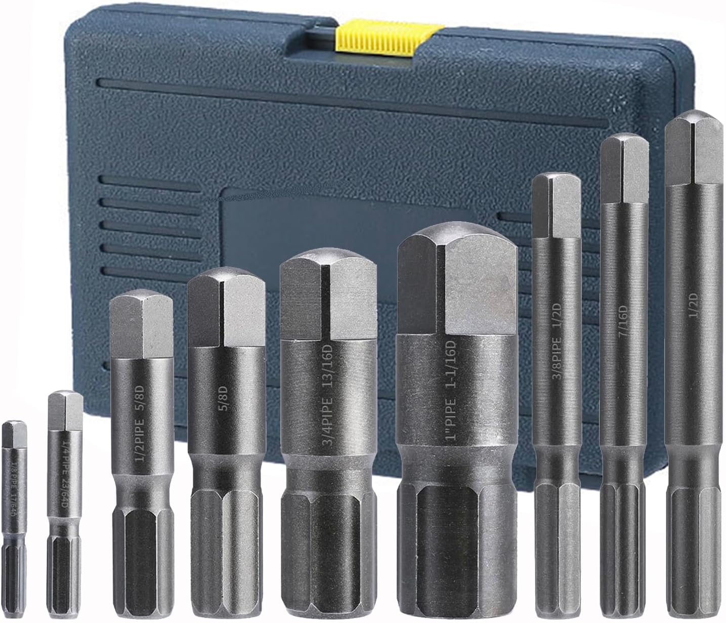 9PCS Broken Threaded Pipe Extractor, 1/8" to 1" Damaged Threaded Pipes, Fittings Screws, Broken Bolts Removal, Heavy Duty Steel Pipefitter Plumbers Tools, Long Bits